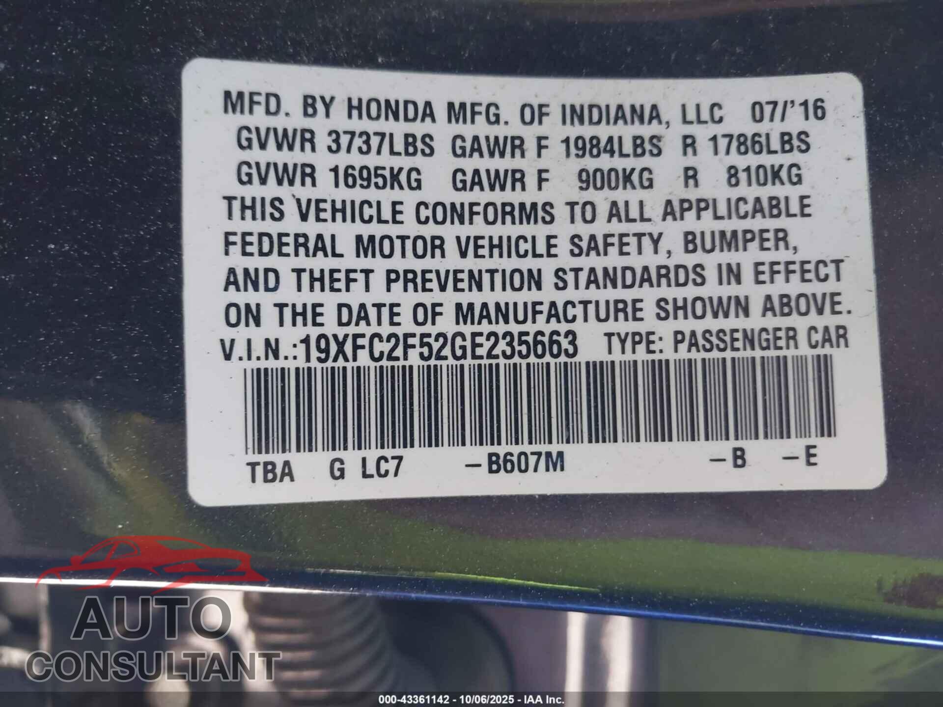 HONDA CIVIC 2016 - 19XFC2F52GE235663