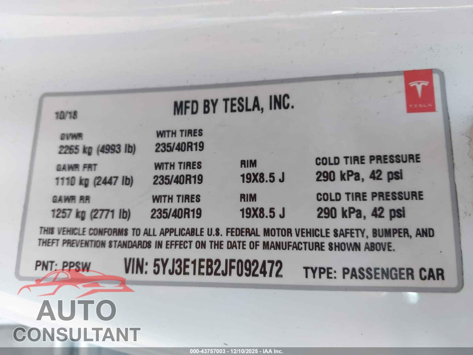TESLA MODEL 3 2018 - 5YJ3E1EB2JF092472