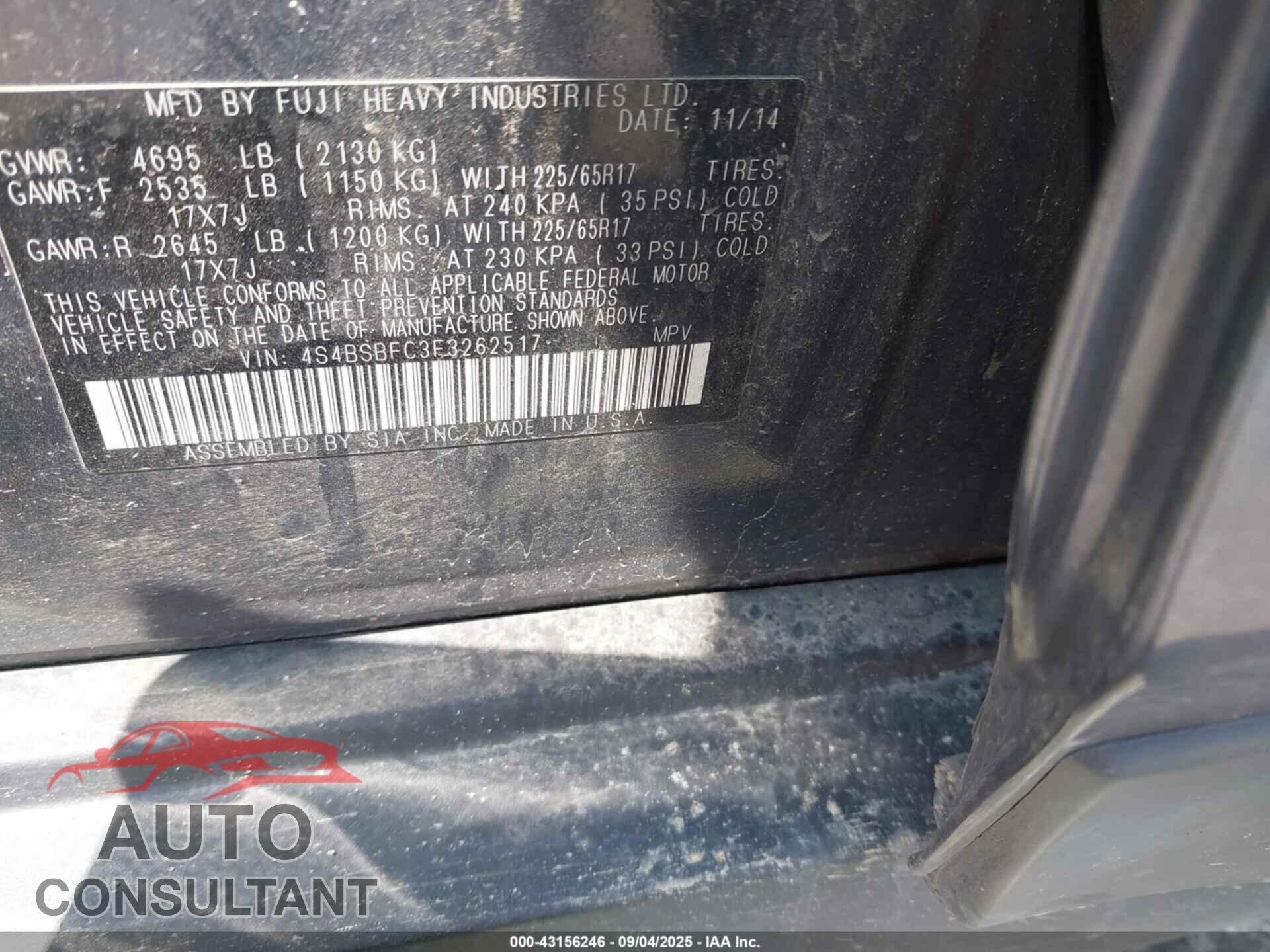 SUBARU OUTBACK 2015 - 4S4BSBFC3F3262517