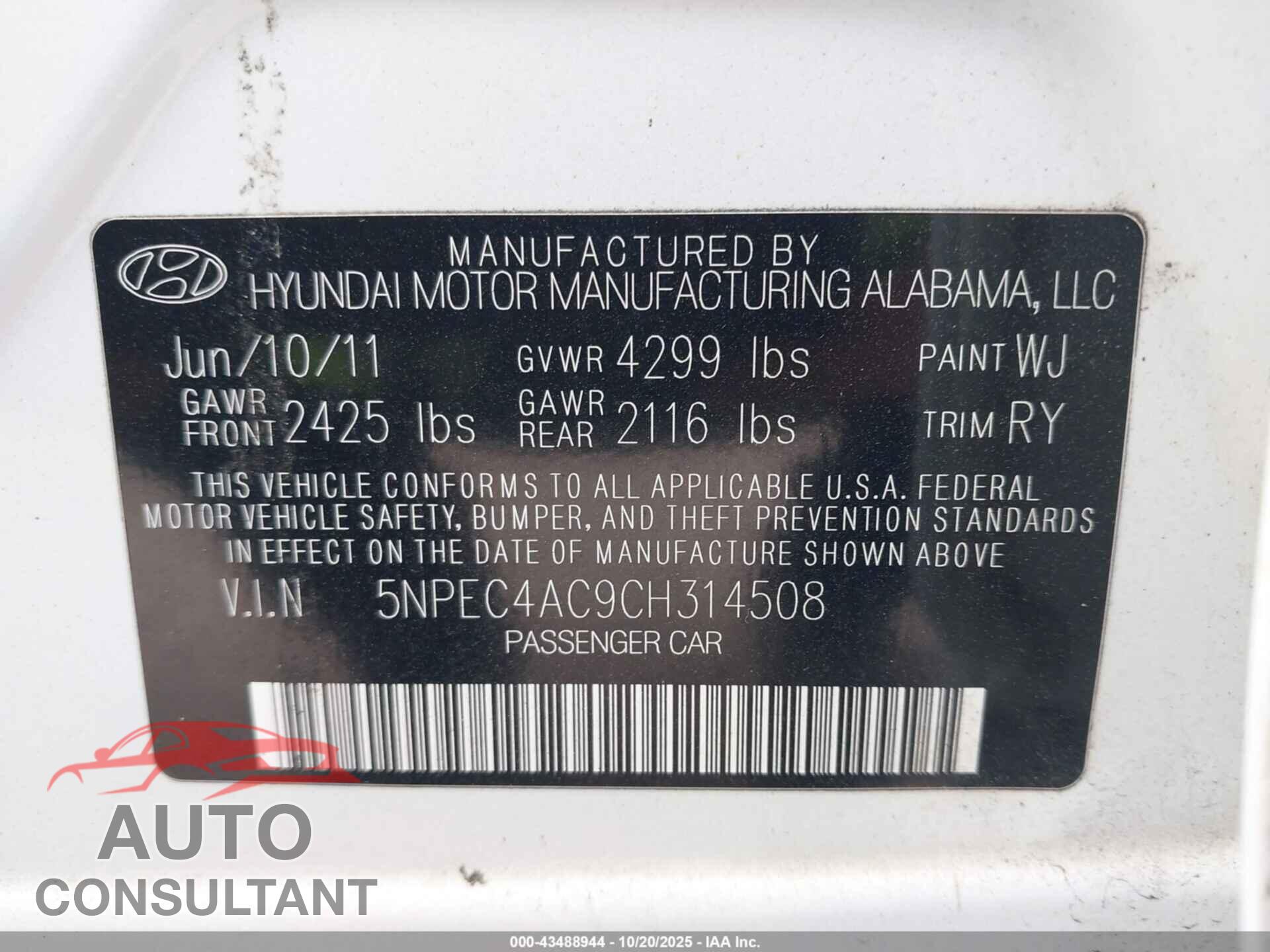 HYUNDAI SONATA 2012 - 5NPEC4AC9CH314508