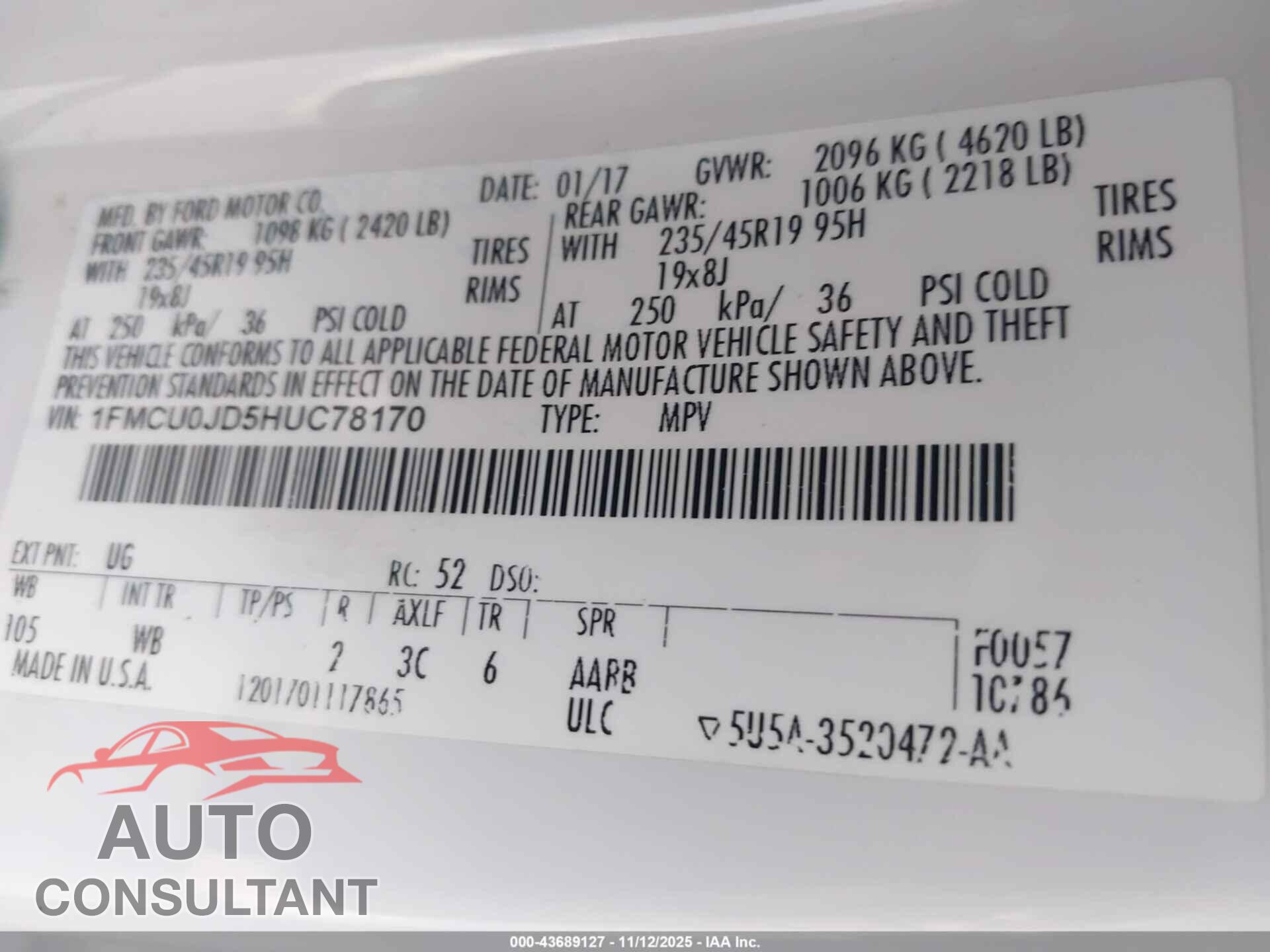 FORD ESCAPE 2017 - 1FMCU0JD5HUC78170