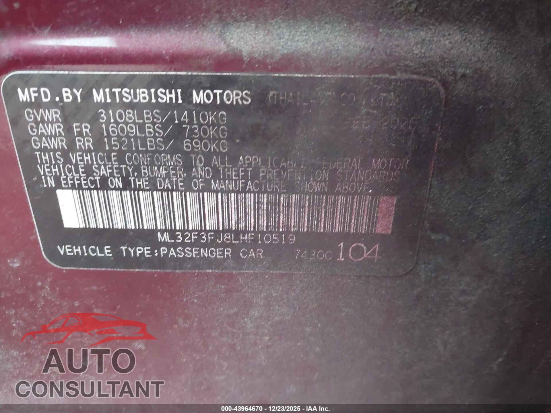 MITSUBISHI MIRAGE G4 2020 - ML32F3FJ8LHF10519