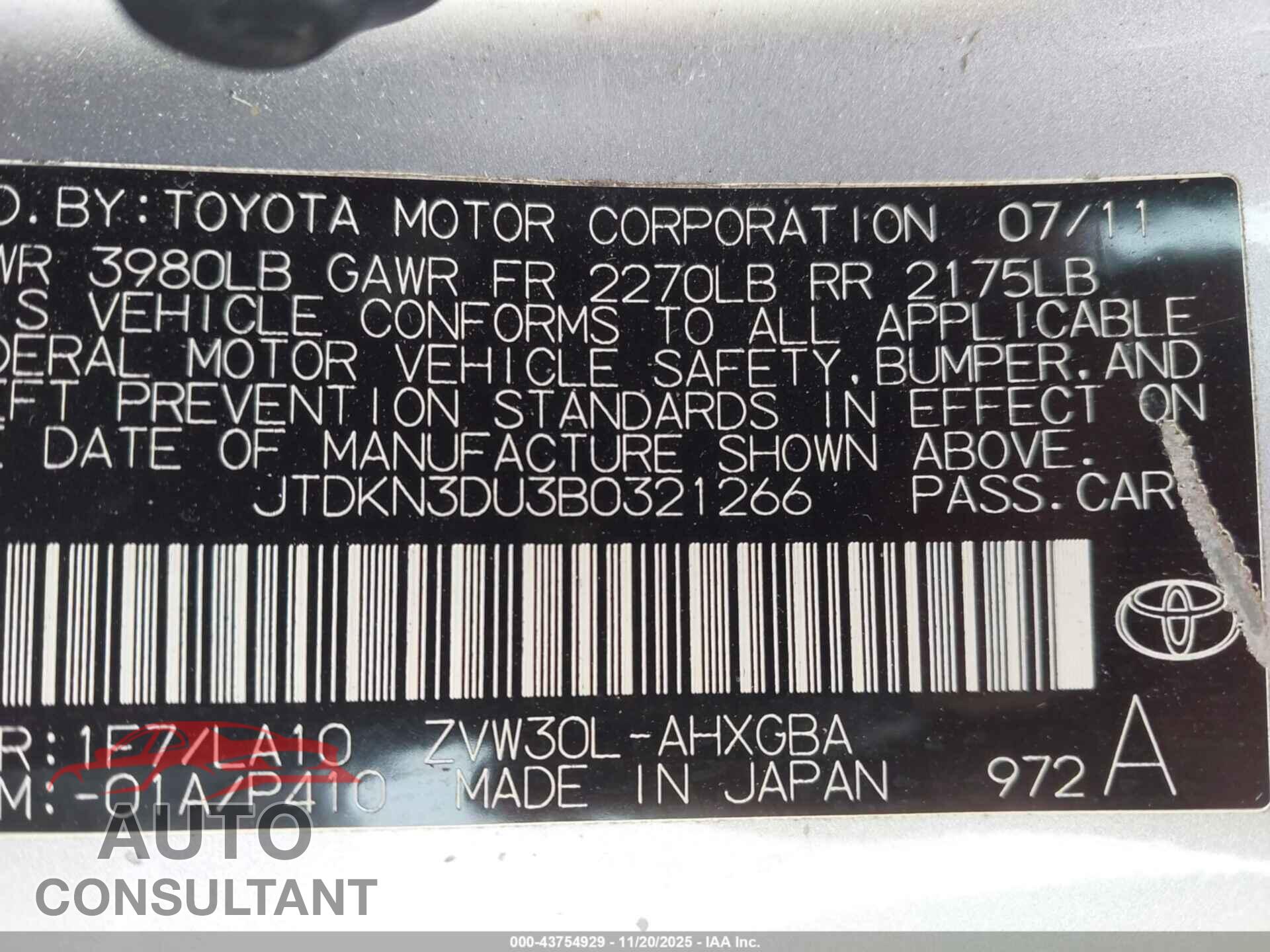 TOYOTA PRIUS 2011 - JTDKN3DU3B0321266