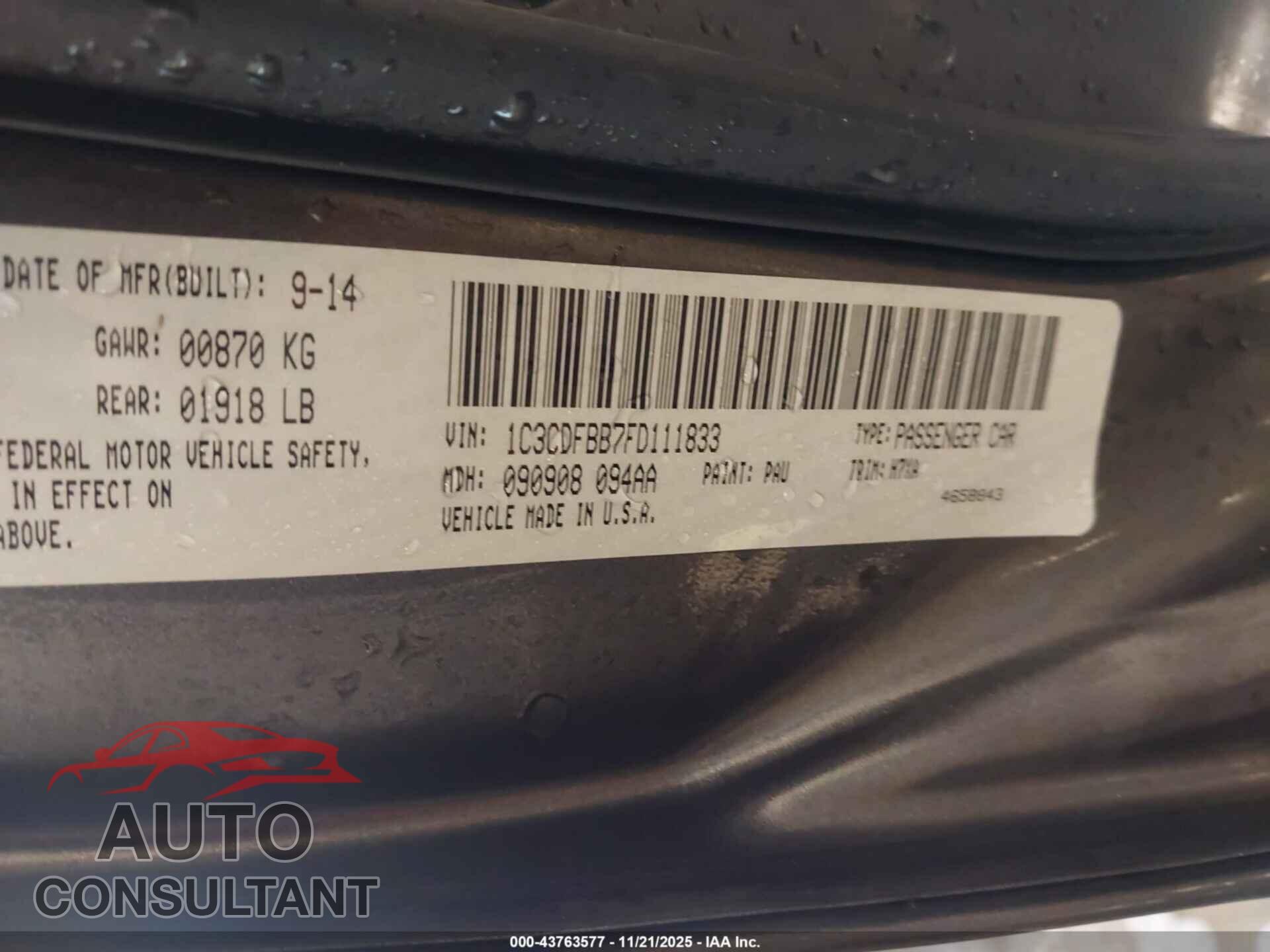 DODGE DART 2015 - 1C3CDFBB7FD111833
