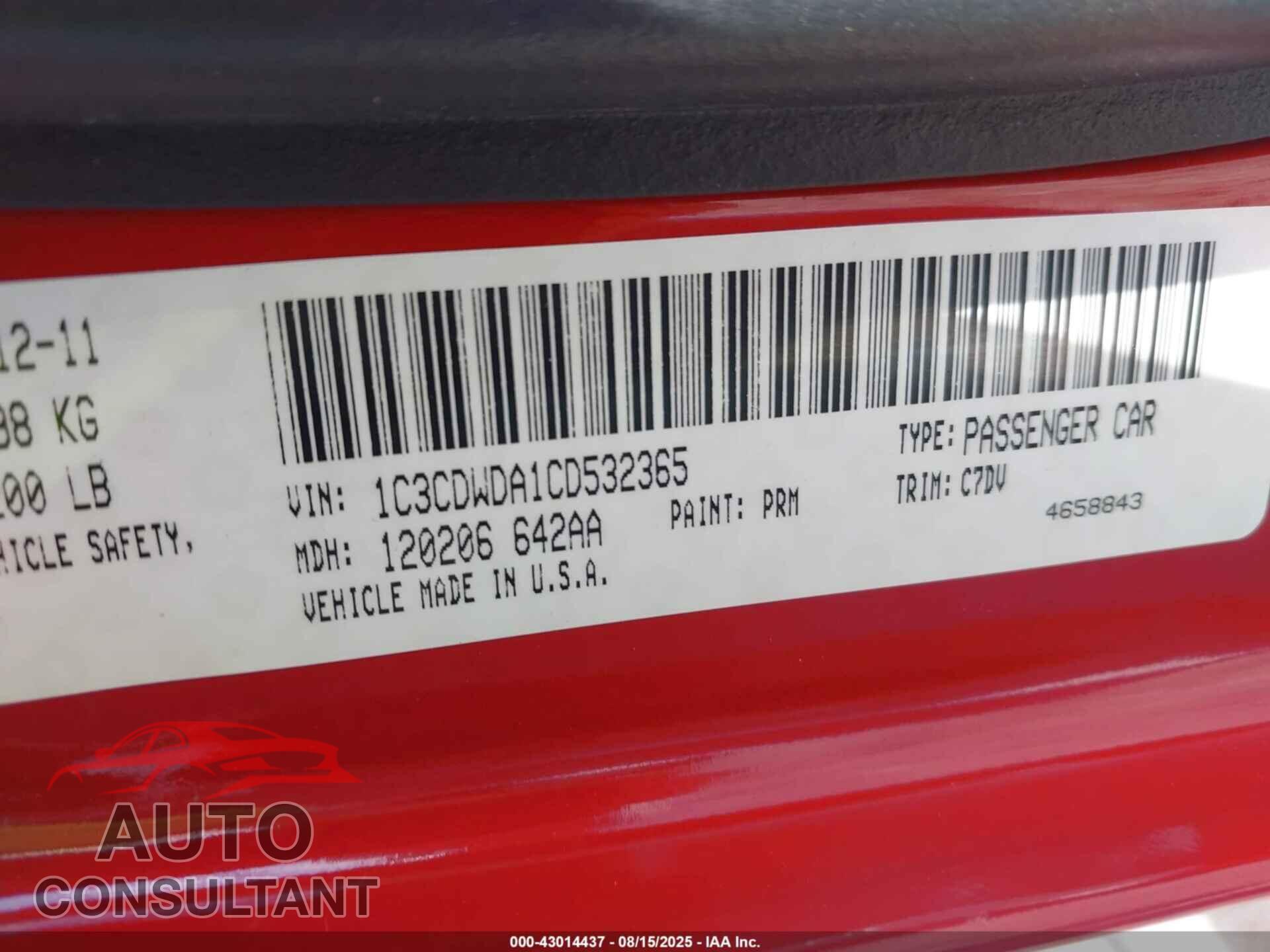 DODGE CALIBER 2012 - 1C3CDWDA1CD532365