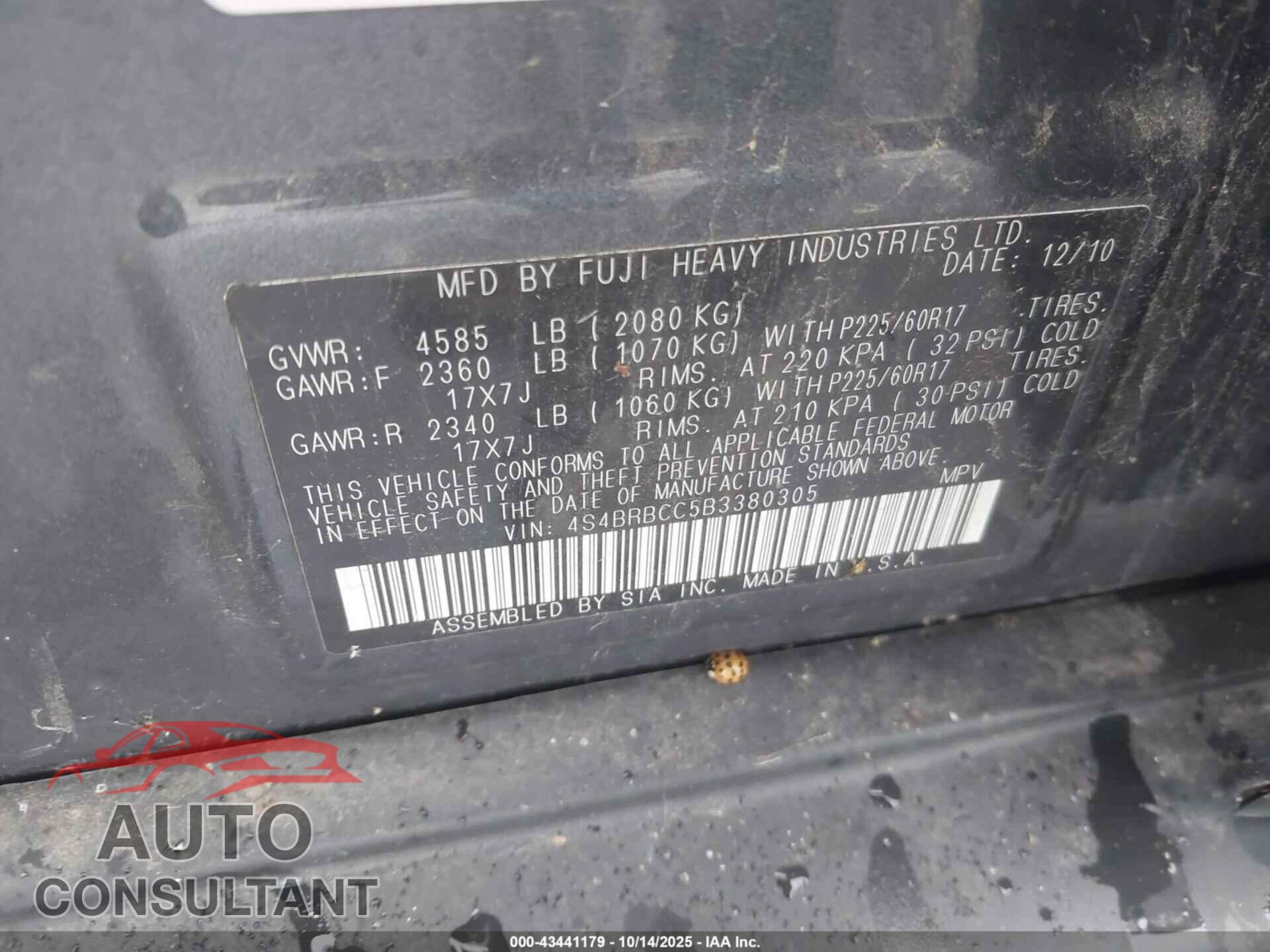 SUBARU OUTBACK 2011 - 4S4BRBCC5B3380305