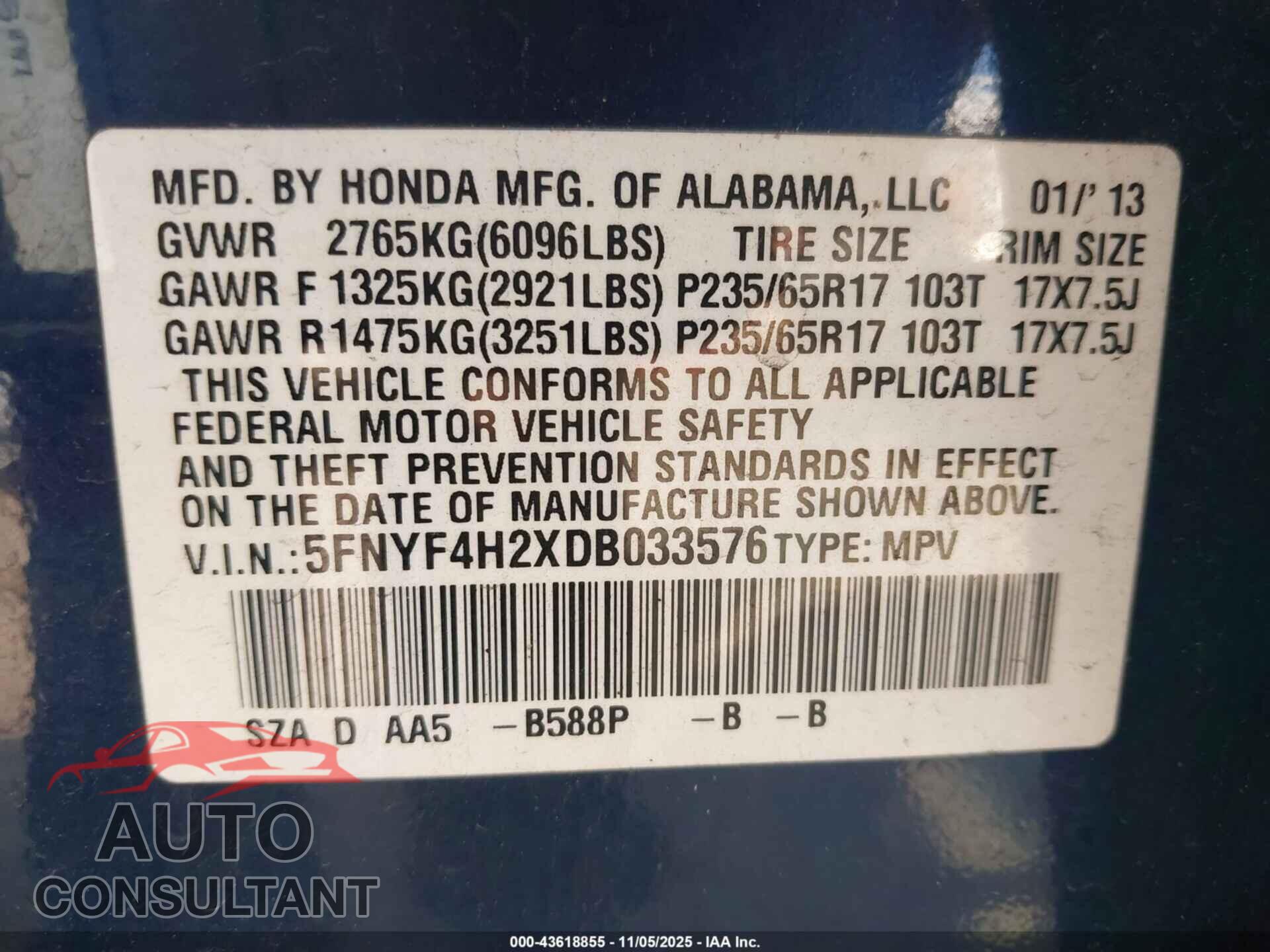 HONDA PILOT 2013 - 5FNYF4H2XDB033576