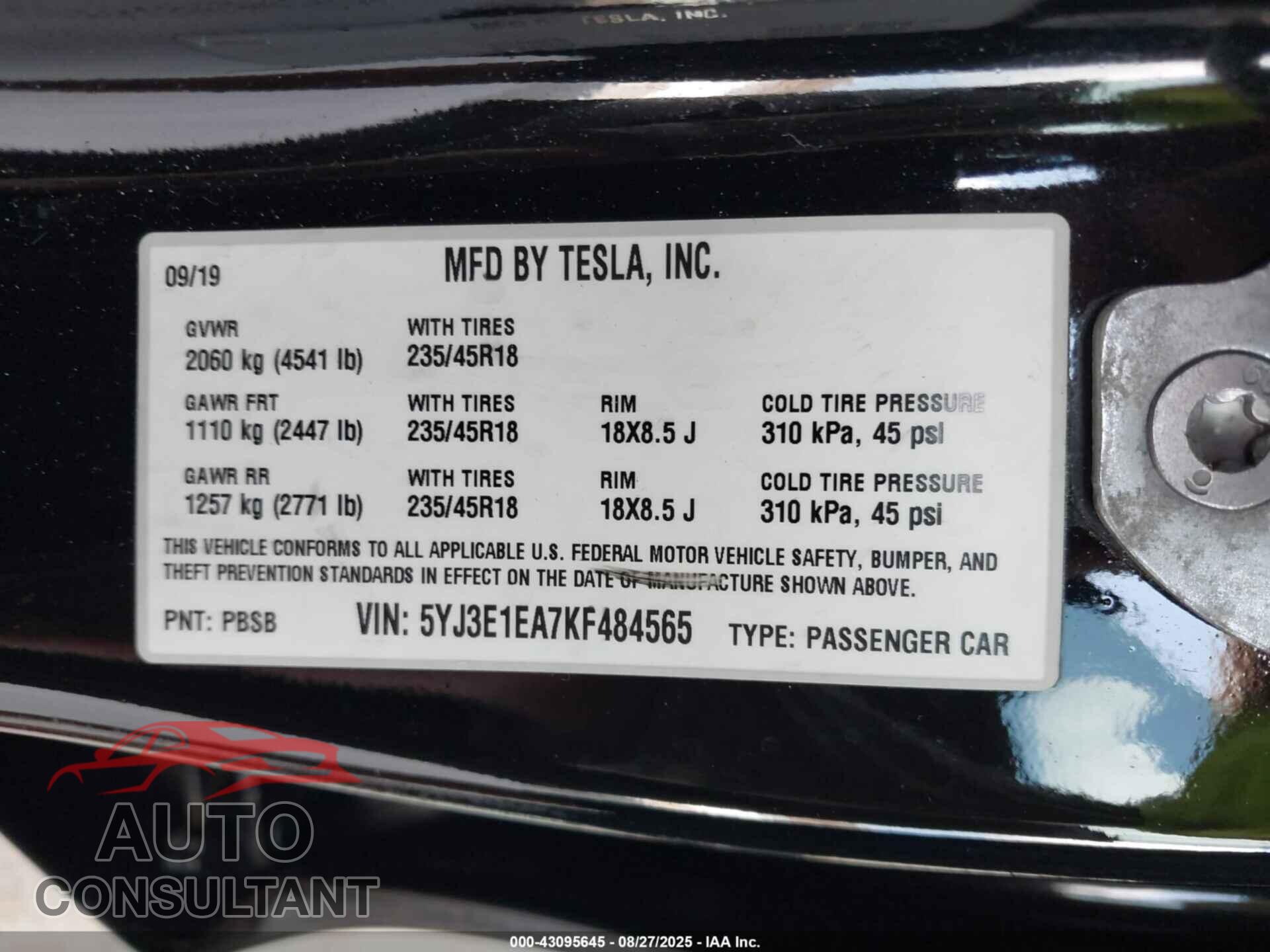 TESLA MODEL 3 2019 - 5YJ3E1EA7KF484565