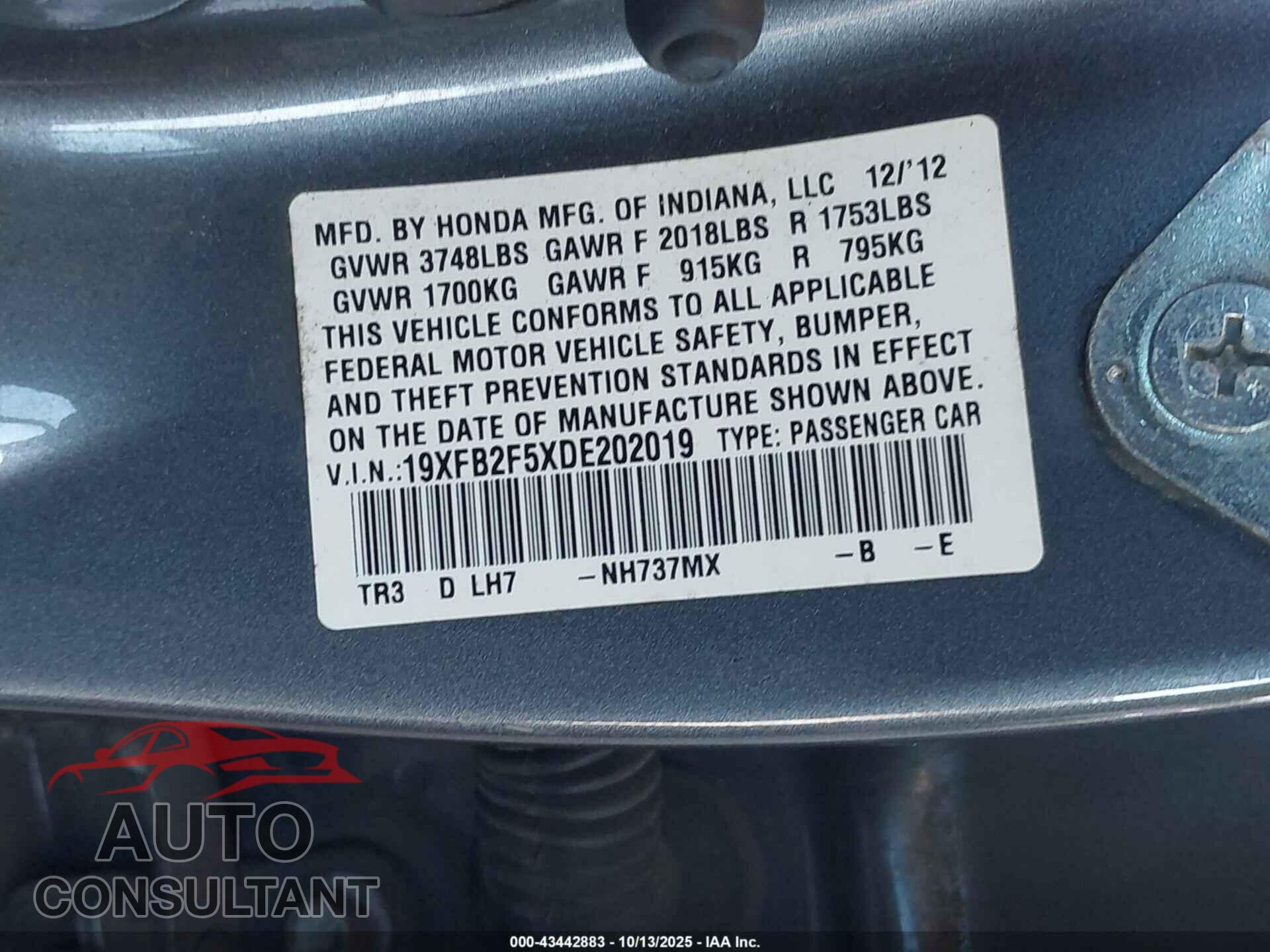 HONDA CIVIC 2013 - 19XFB2F5XDE202019