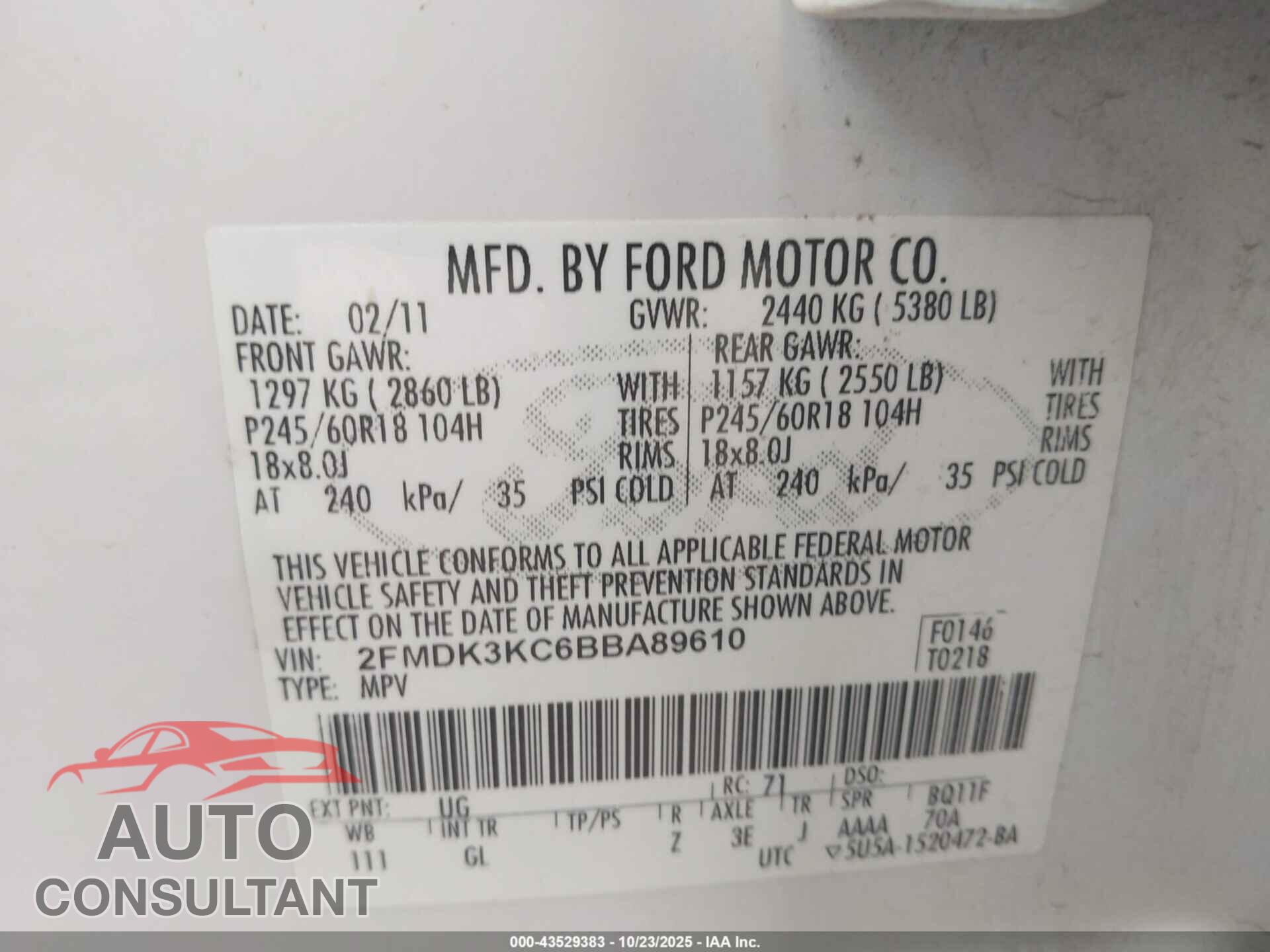 FORD EDGE 2011 - 2FMDK3KC6BBA89610