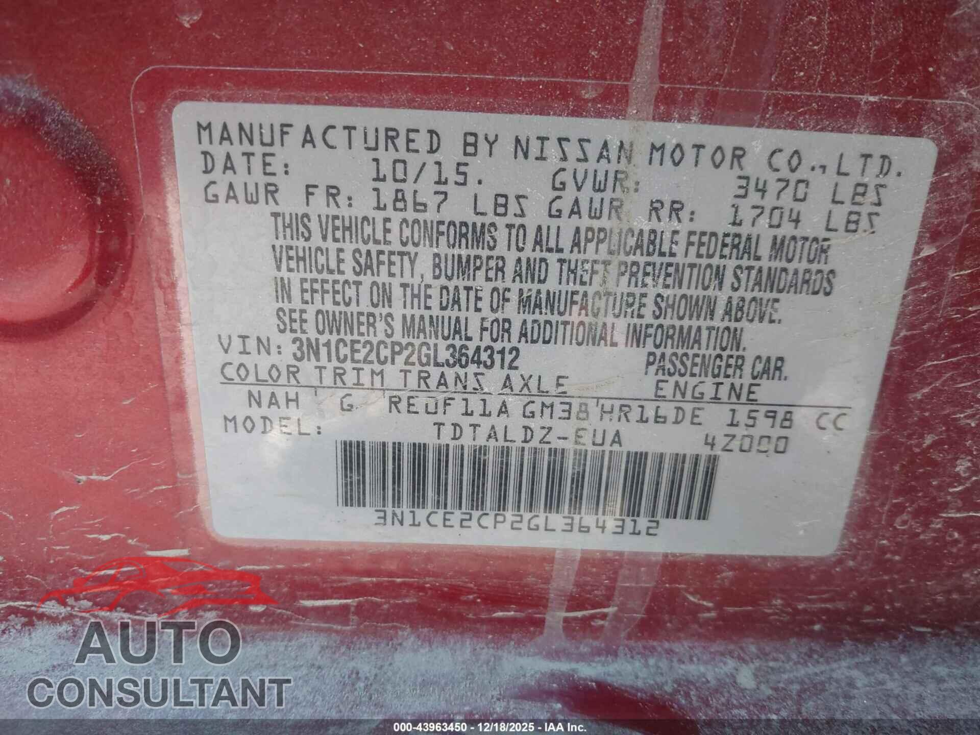 NISSAN VERSA NOTE 2016 - 3N1CE2CP2GL364312