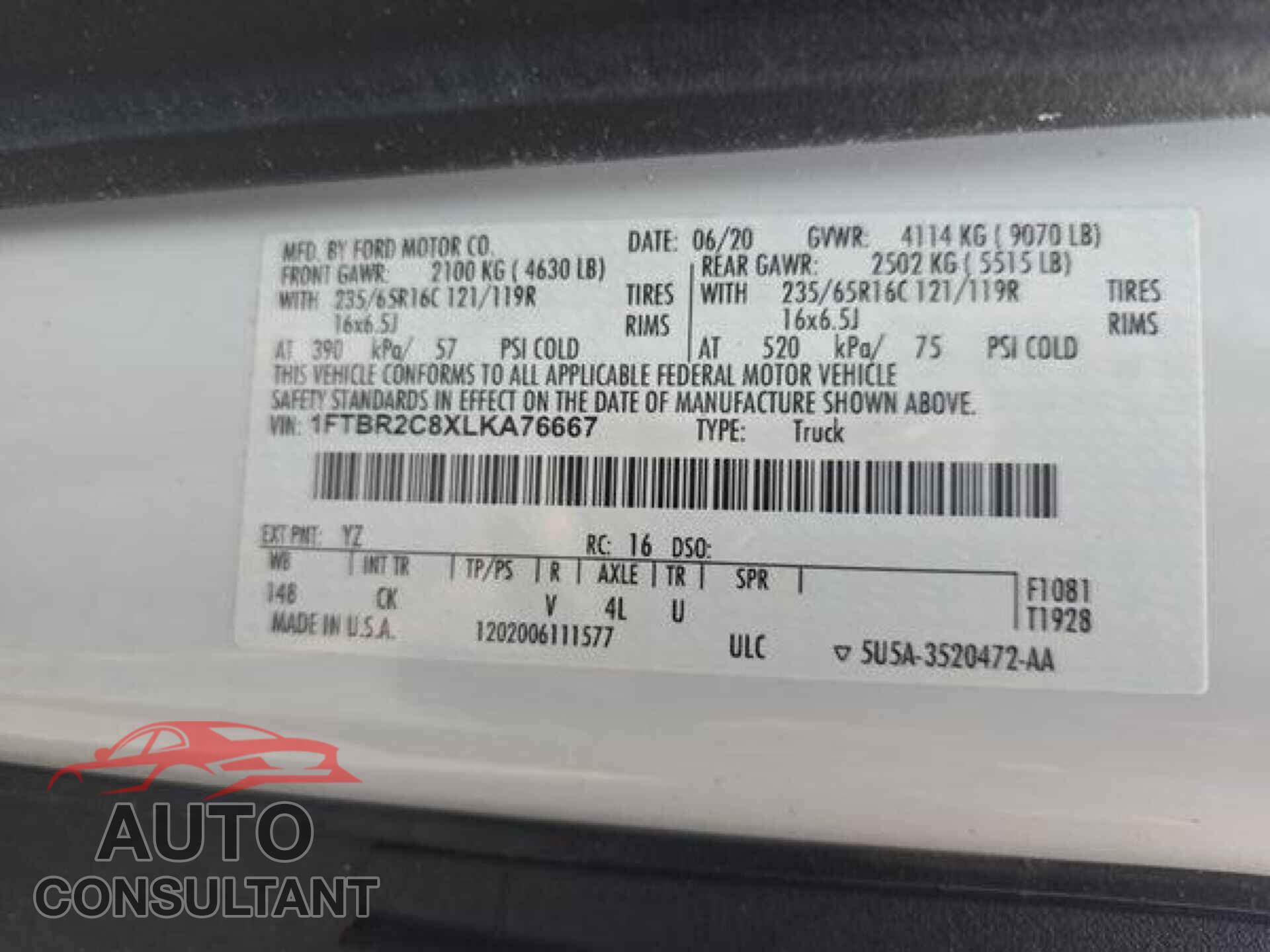 FORD TRANSIT 2020 - 1FTBR2C8XLKA76667