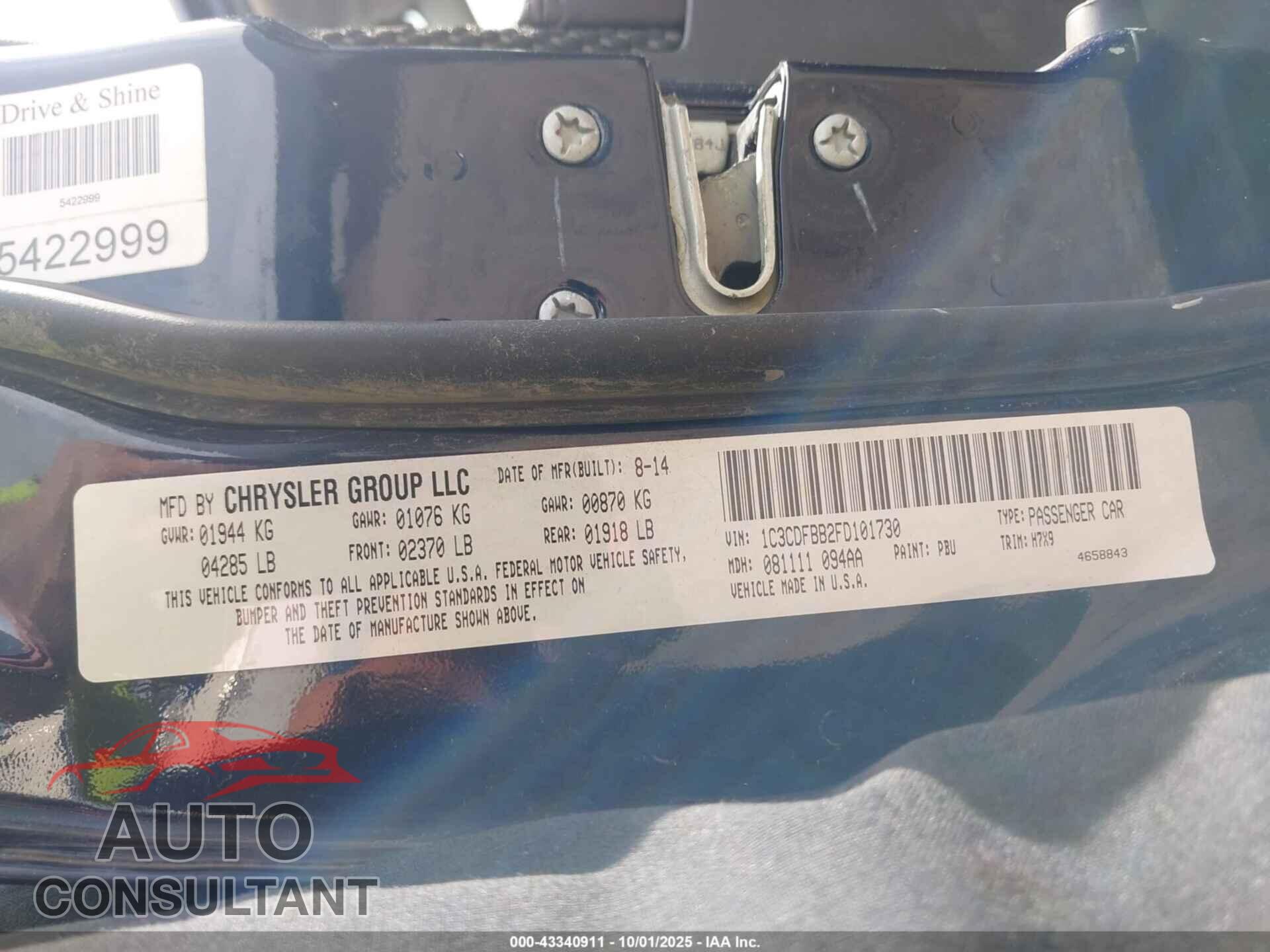 DODGE DART 2015 - 1C3CDFBB2FD101730