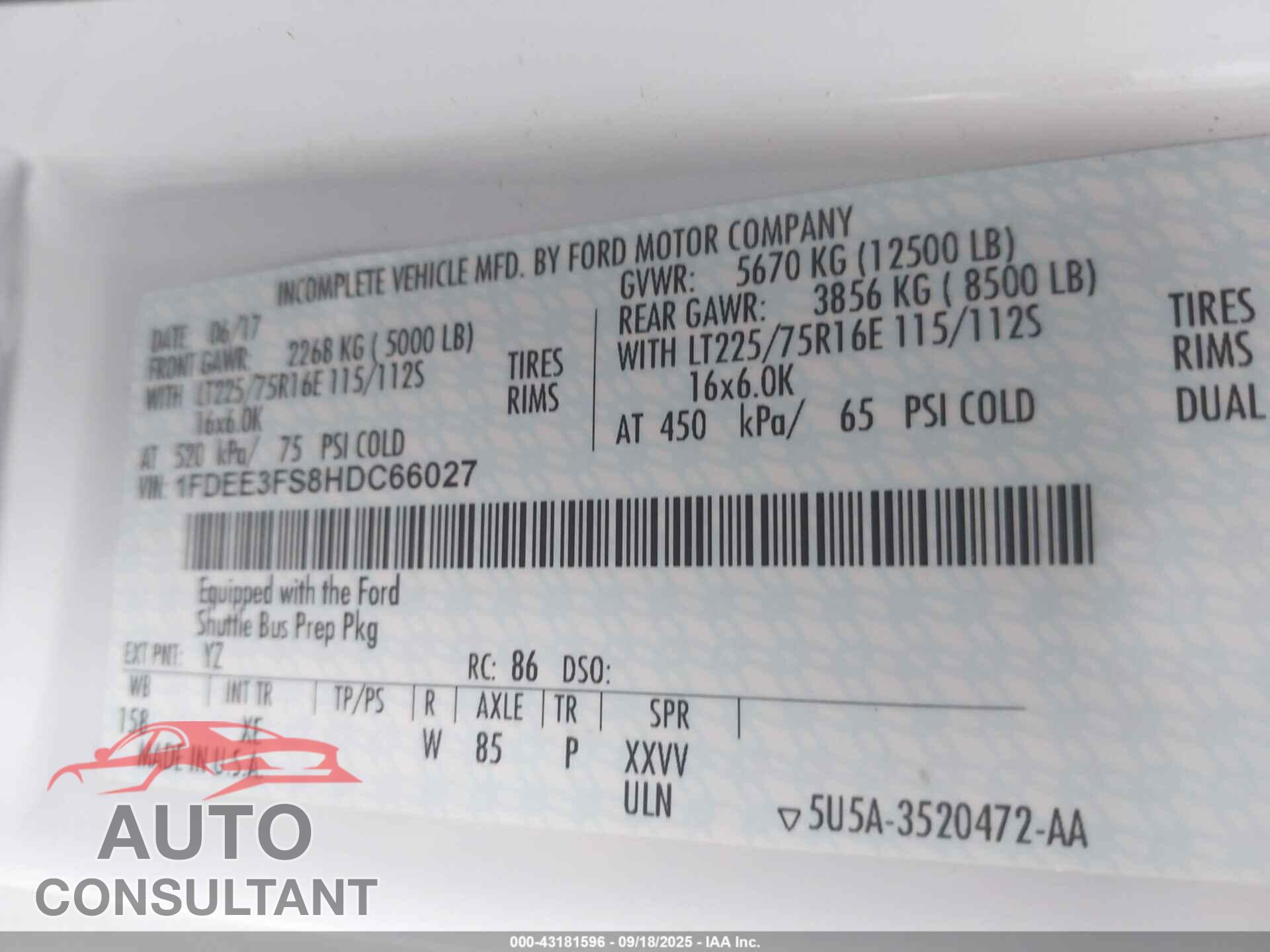 FORD E-350 CUTAWAY 2017 - 1FDEE3FS8HDC66027