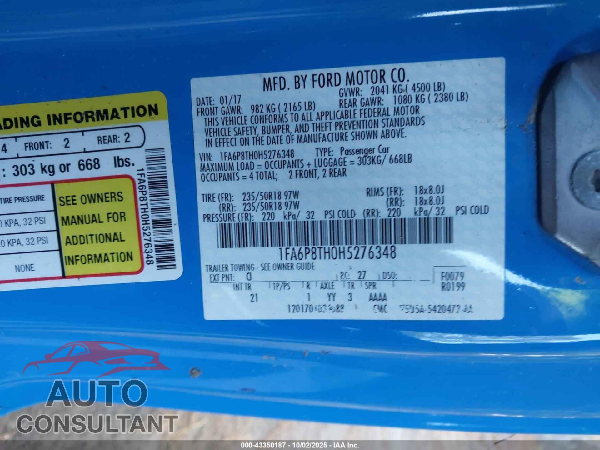 FORD MUSTANG 2017 - 1FA6P8TH0H5276348