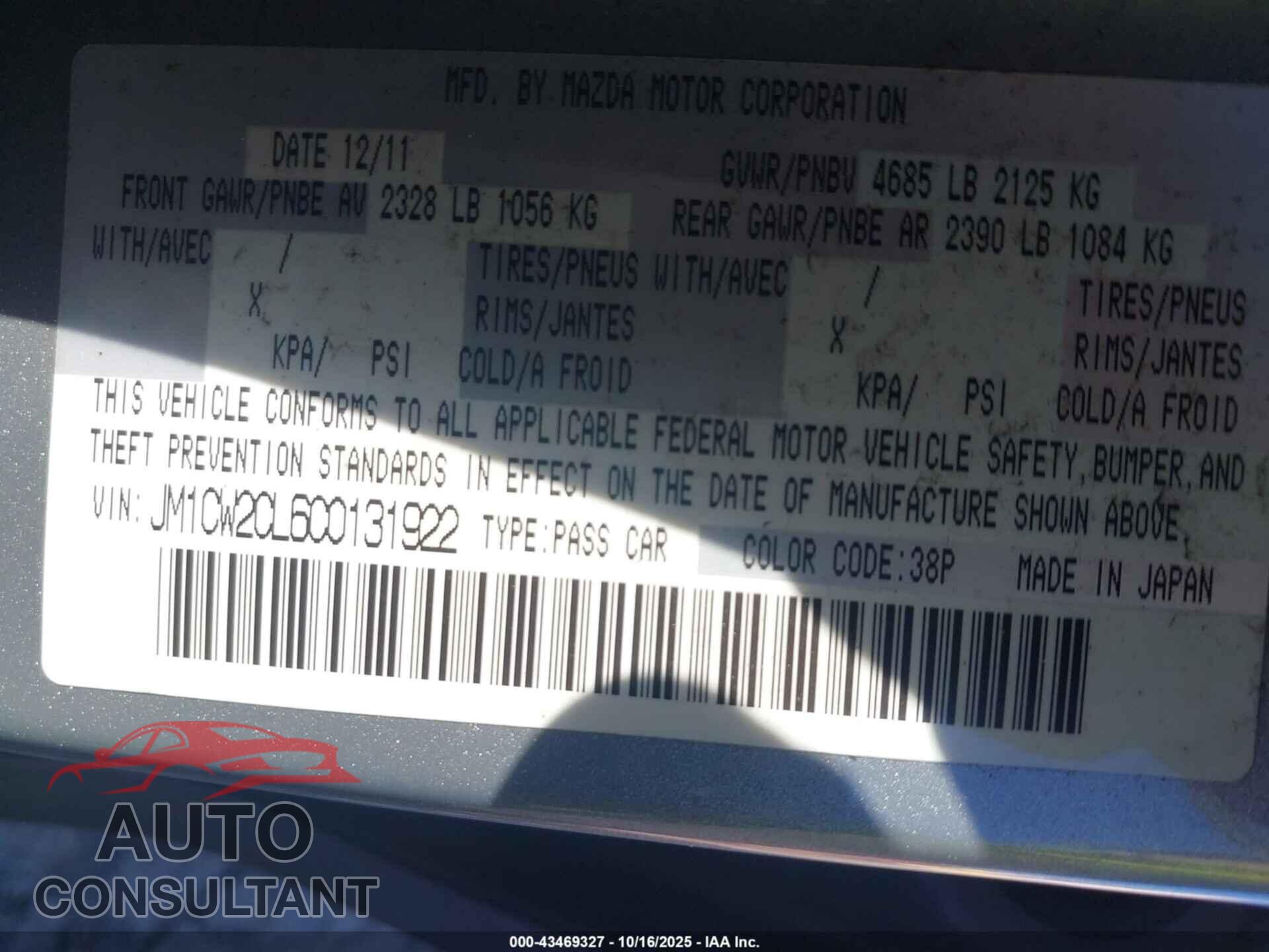 MAZDA MAZDA5 2012 - JM1CW2CL6C0131922