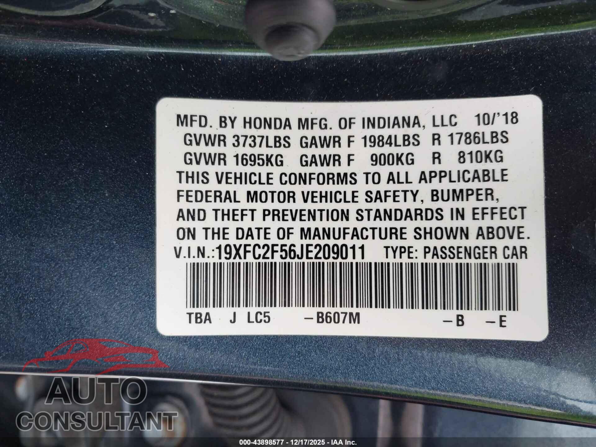 HONDA CIVIC 2018 - 19XFC2F56JE209011