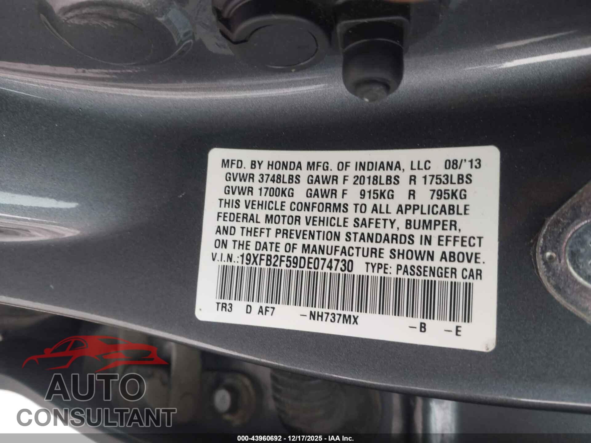 HONDA CIVIC 2013 - 19XFB2F59DE074730