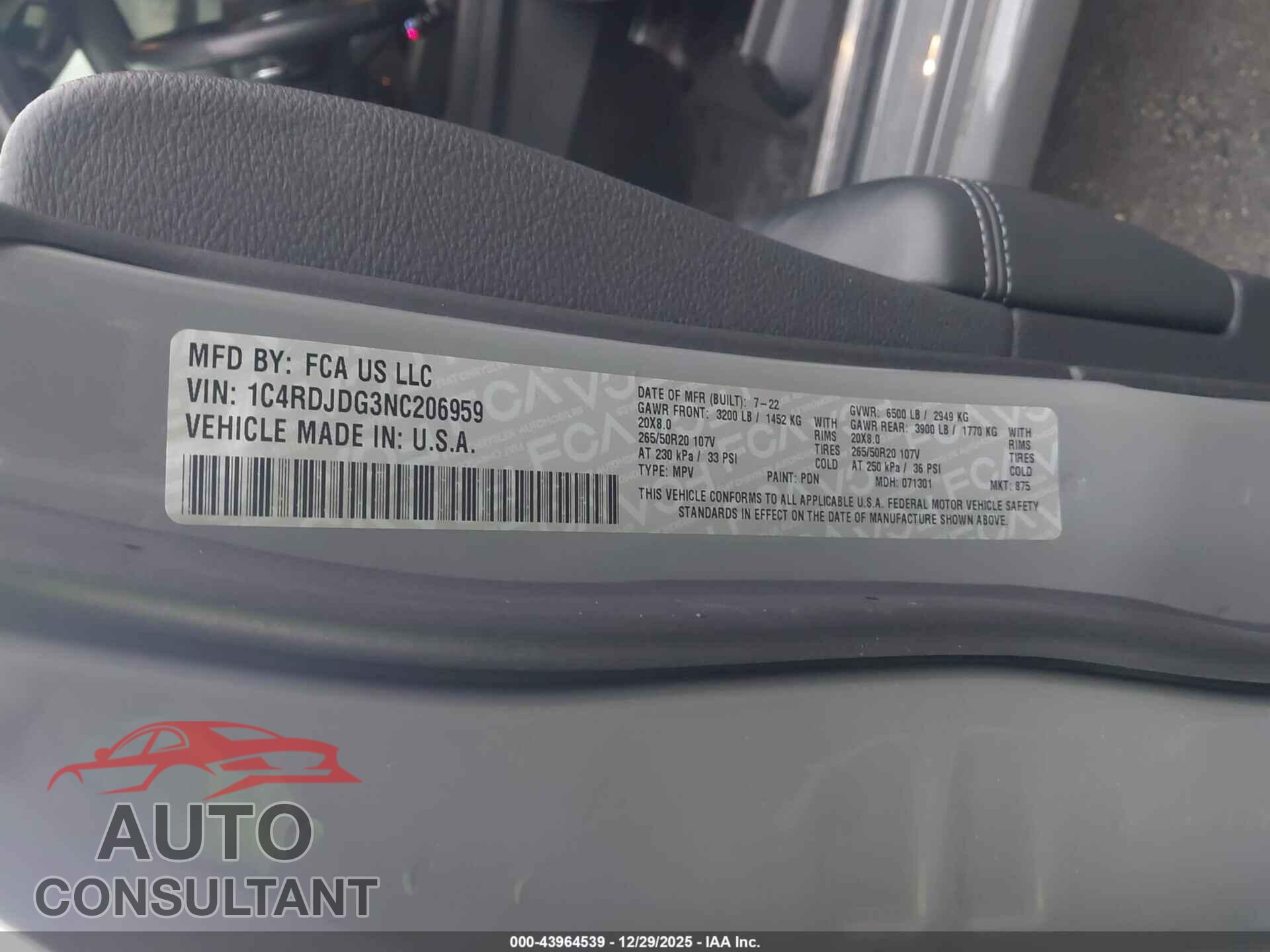 DODGE DURANGO 2022 - 1C4RDJDG3NC206959