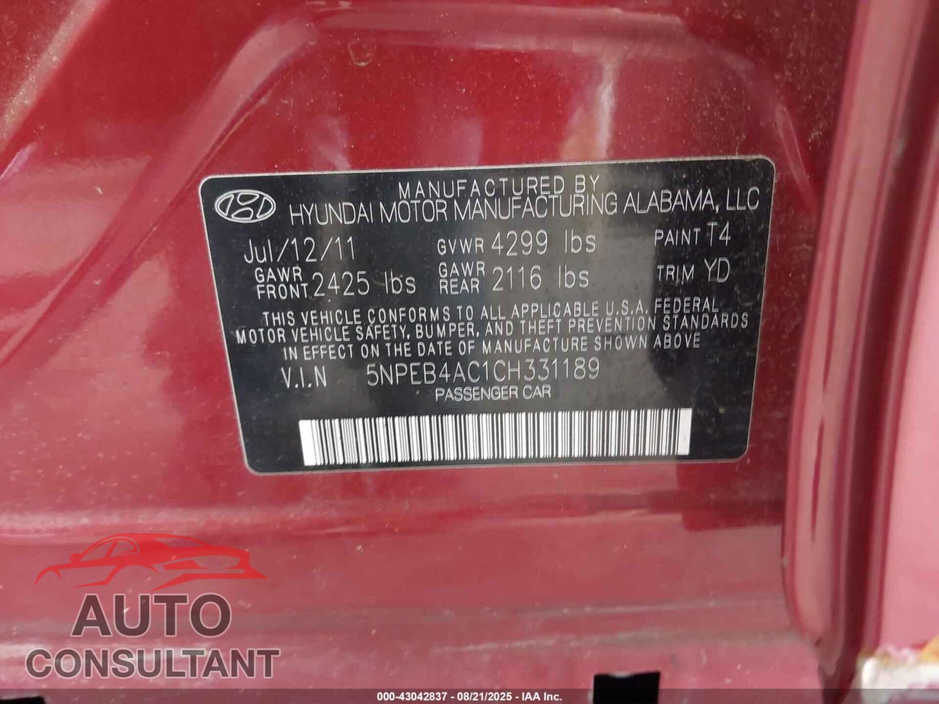 HYUNDAI SONATA 2012 - 5NPEB4AC1CH331189