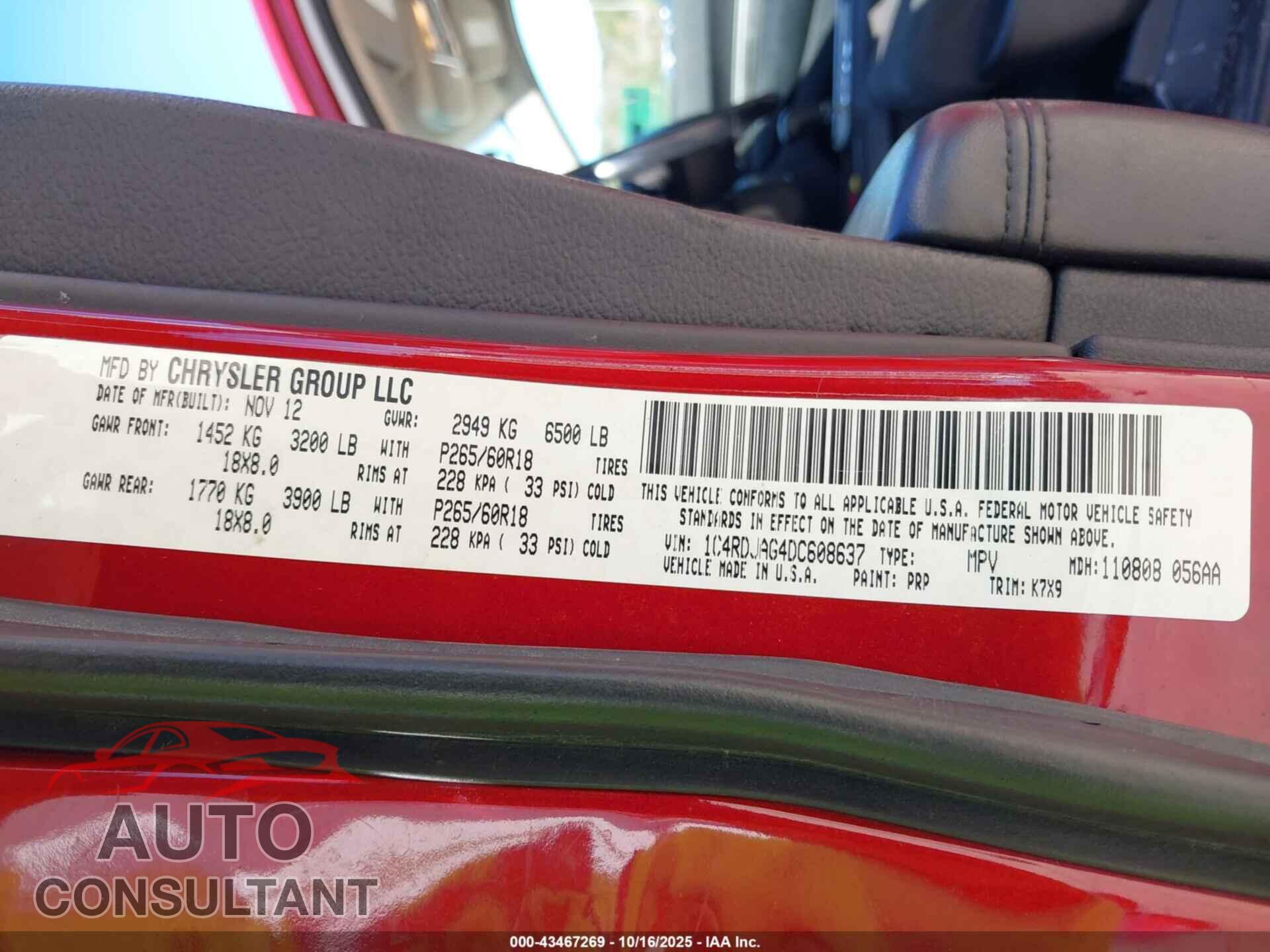 DODGE DURANGO 2013 - 1C4RDJAG4DC608637