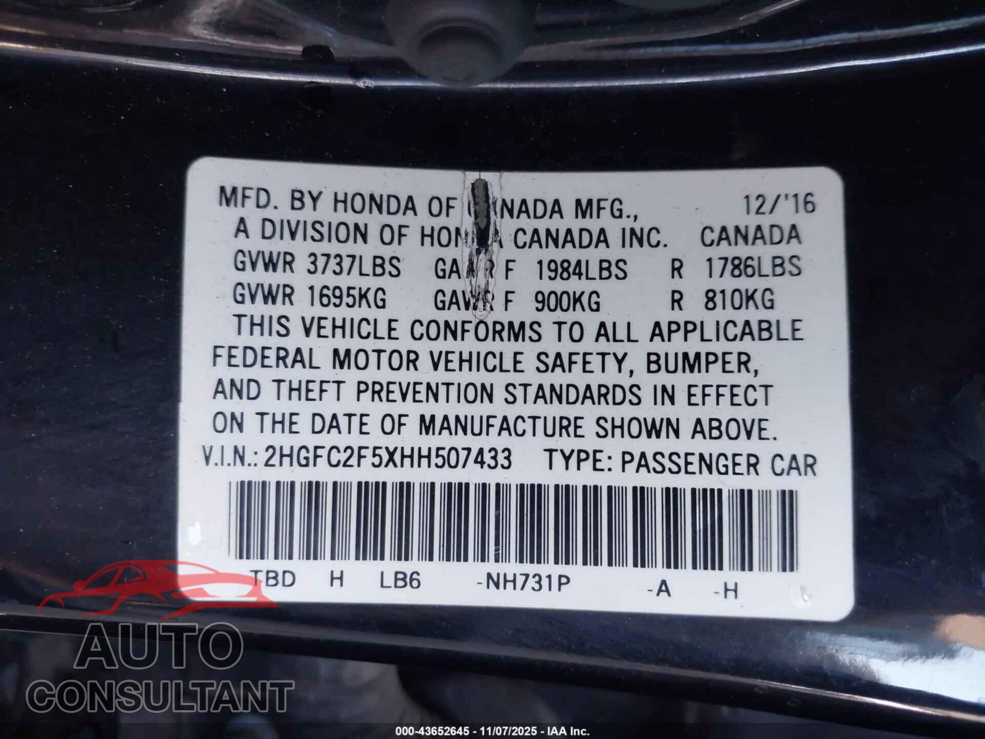HONDA CIVIC 2017 - 2HGFC2F5XHH507433