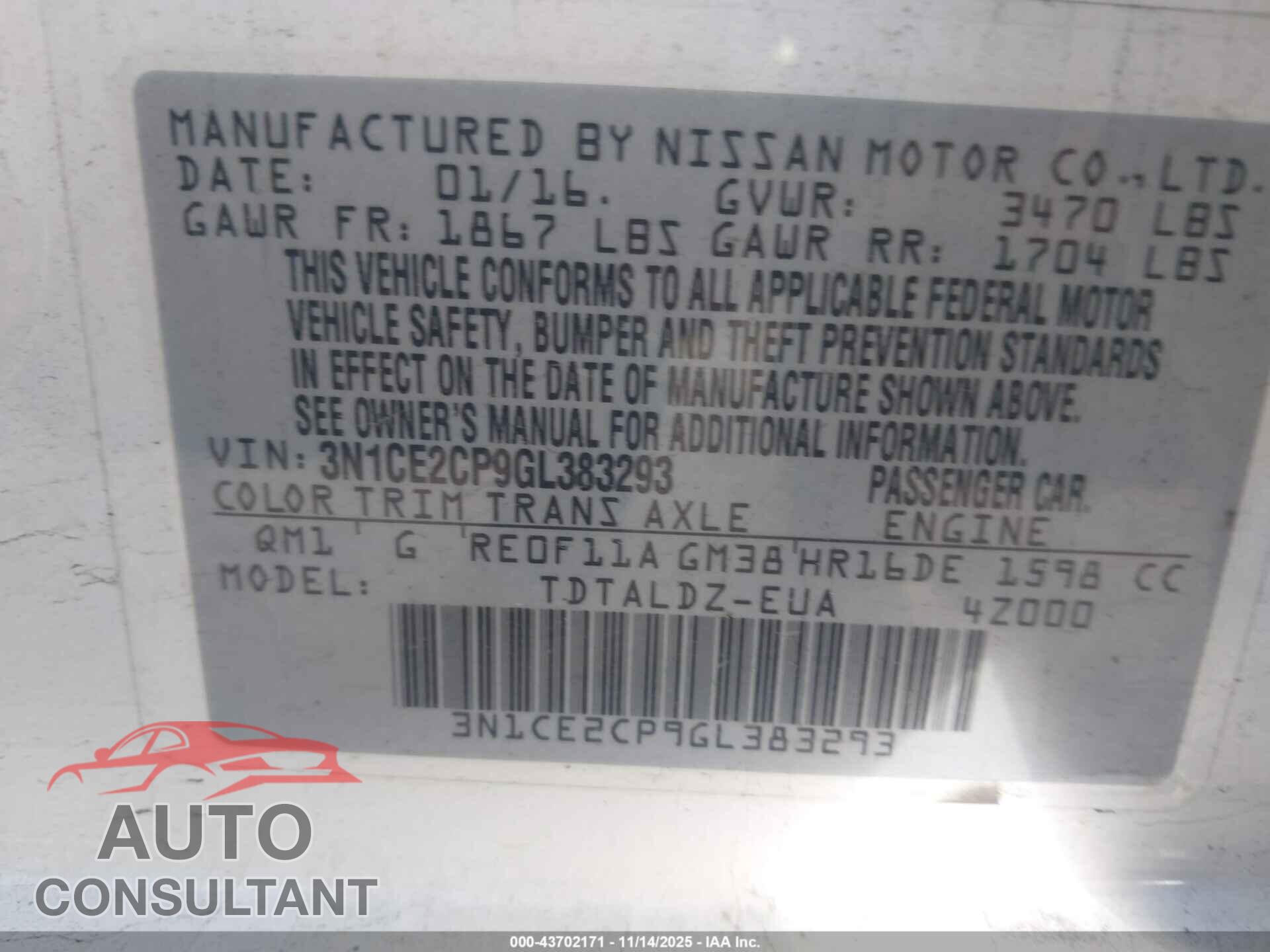 NISSAN VERSA NOTE 2016 - 3N1CE2CP9GL383293