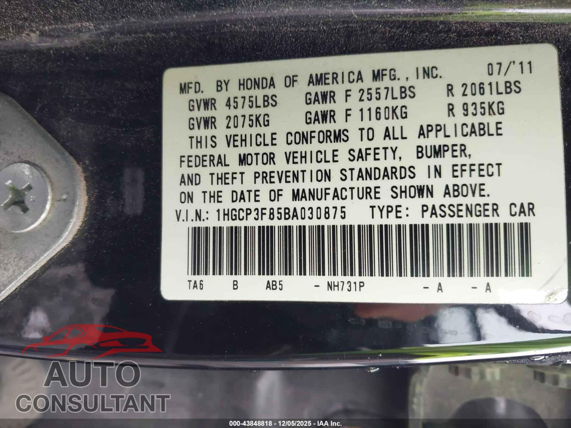 HONDA ACCORD 2011 - 1HGCP3F85BA030875