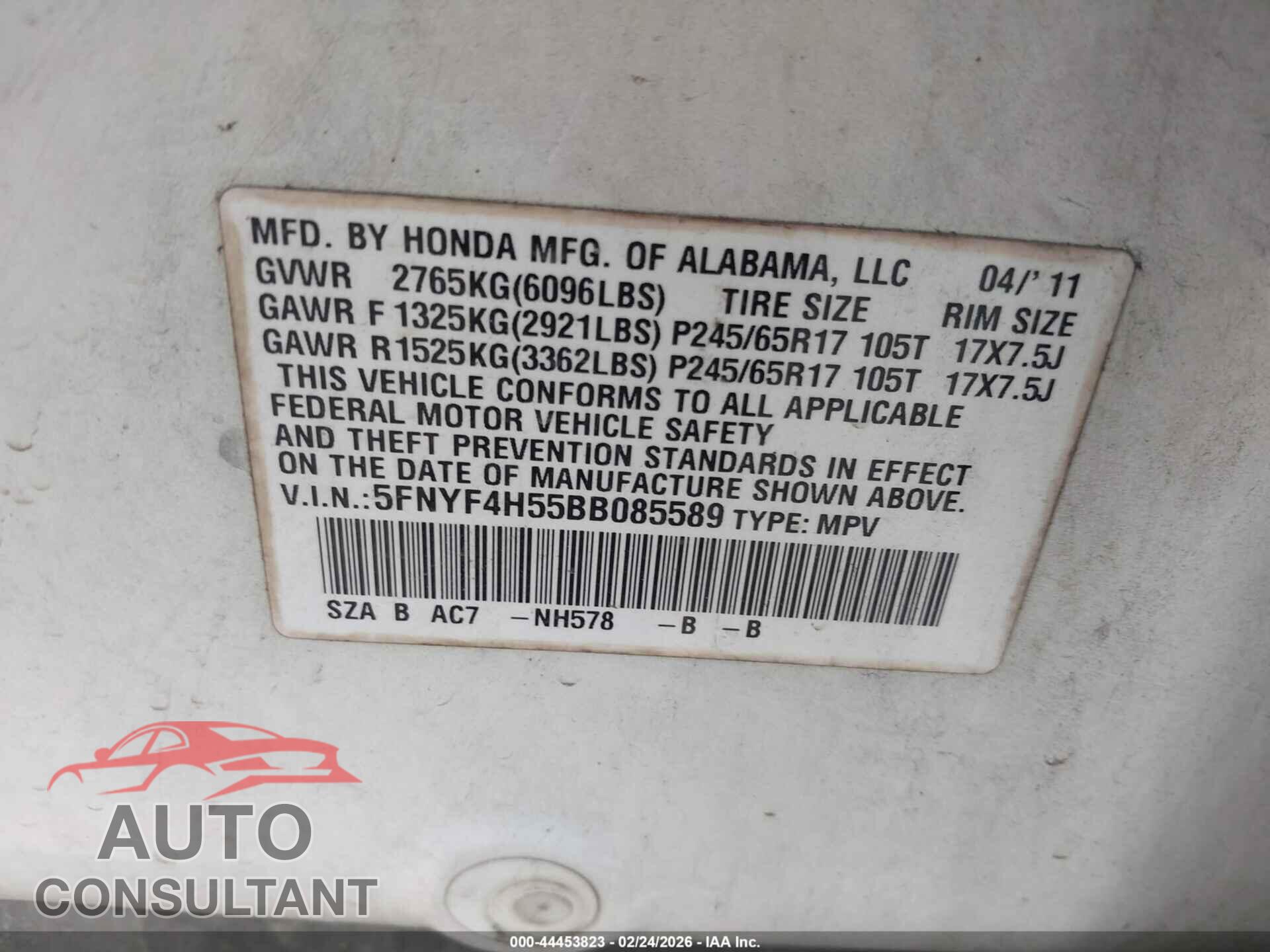 HONDA PILOT 2011 - 5FNYF4H55BB085589
