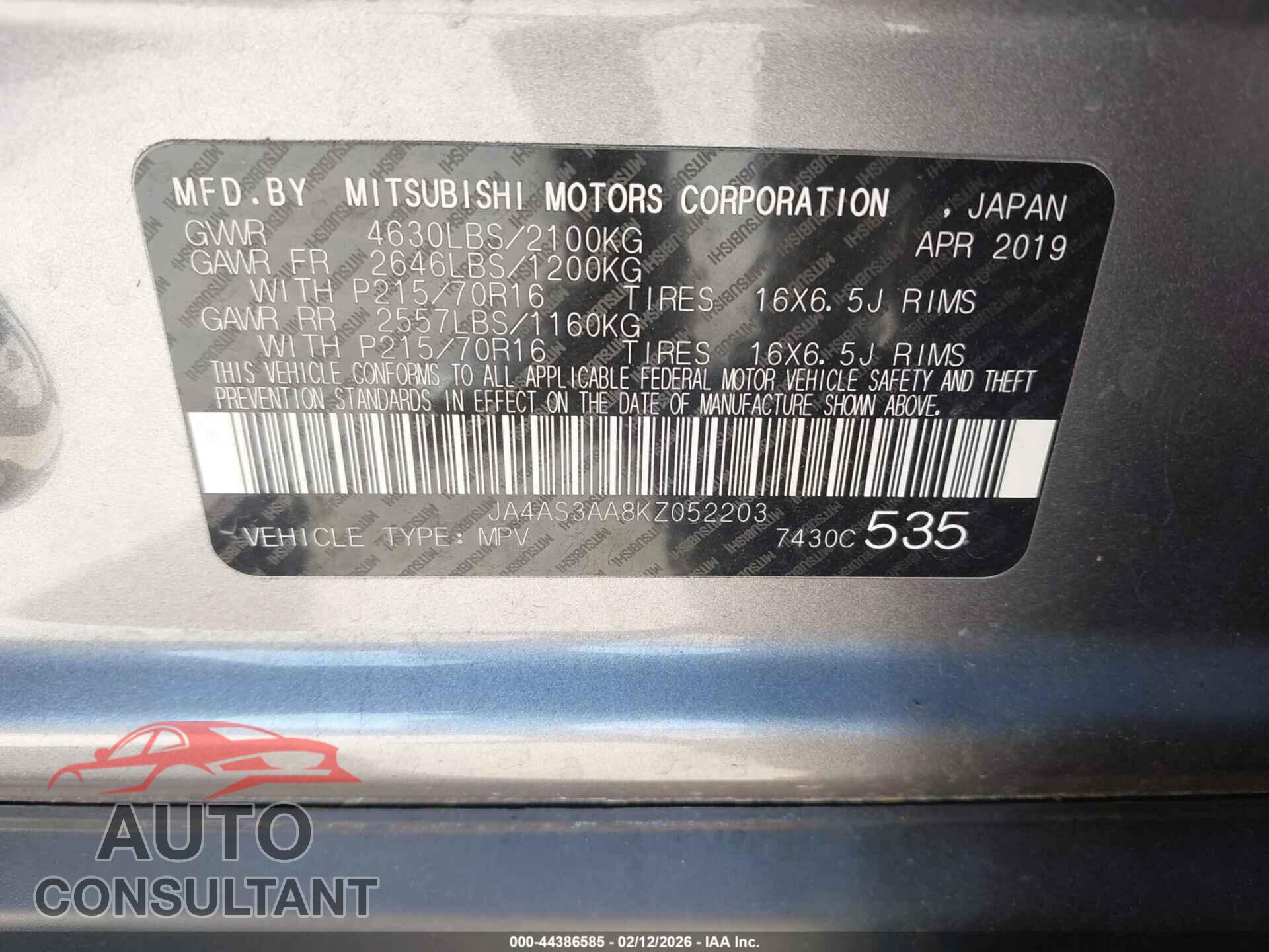 MITSUBISHI ECLIPSE CROSS 2019 - JA4AS3AA8KZ052203