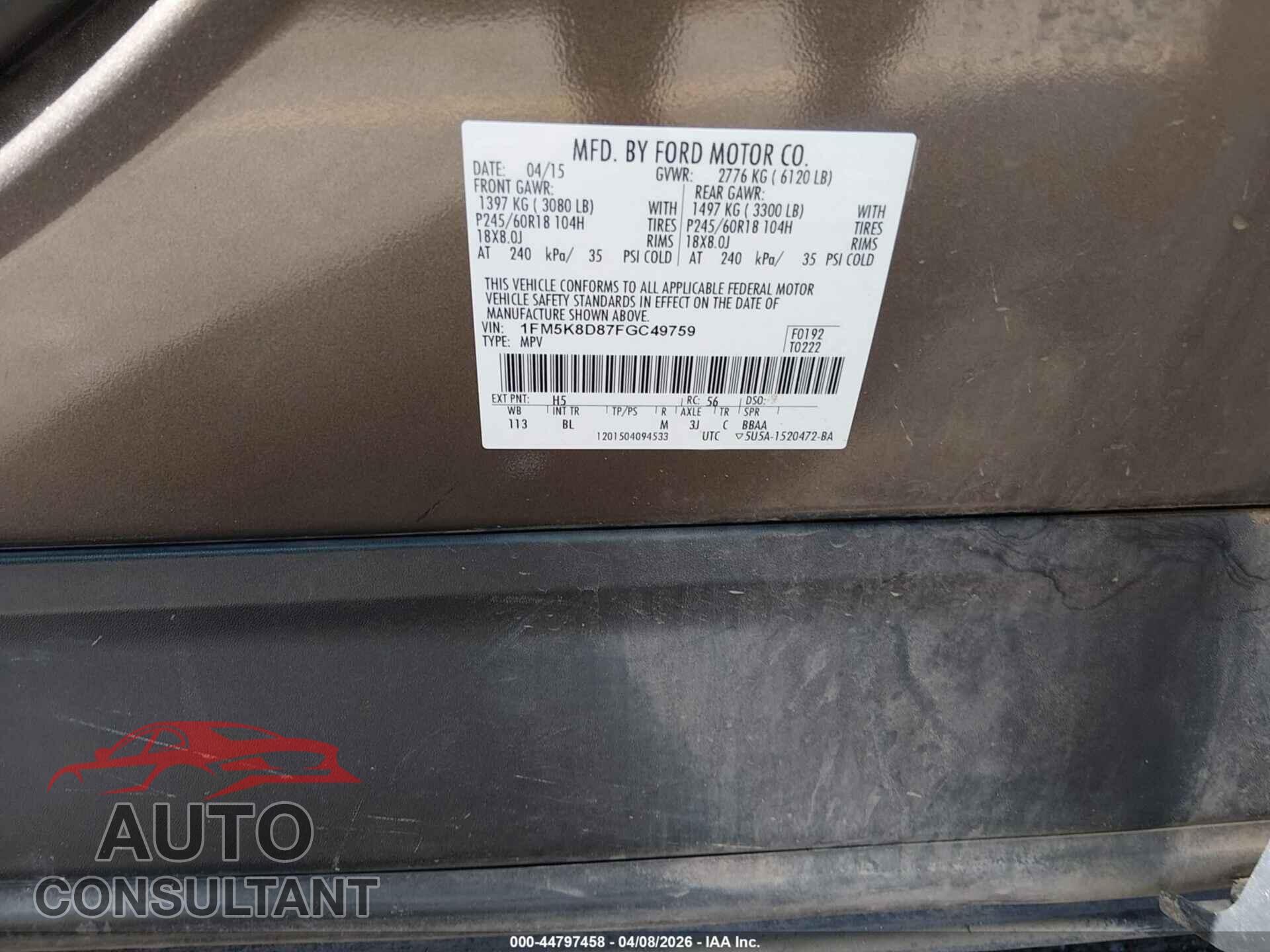 FORD EXPLORER 2015 - 1FM5K8D87FGC49759