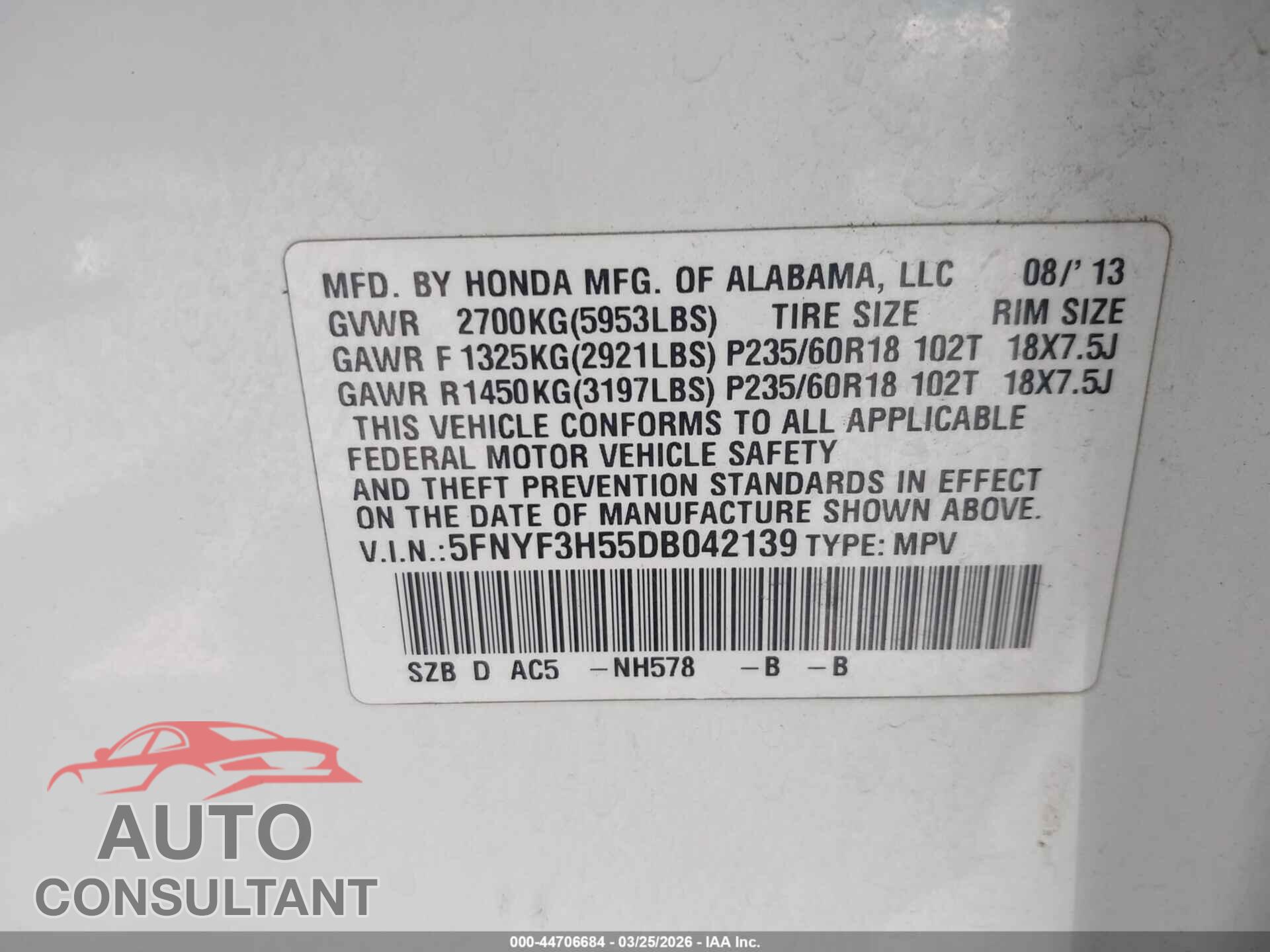 HONDA PILOT 2013 - 5FNYF3H55DB042139
