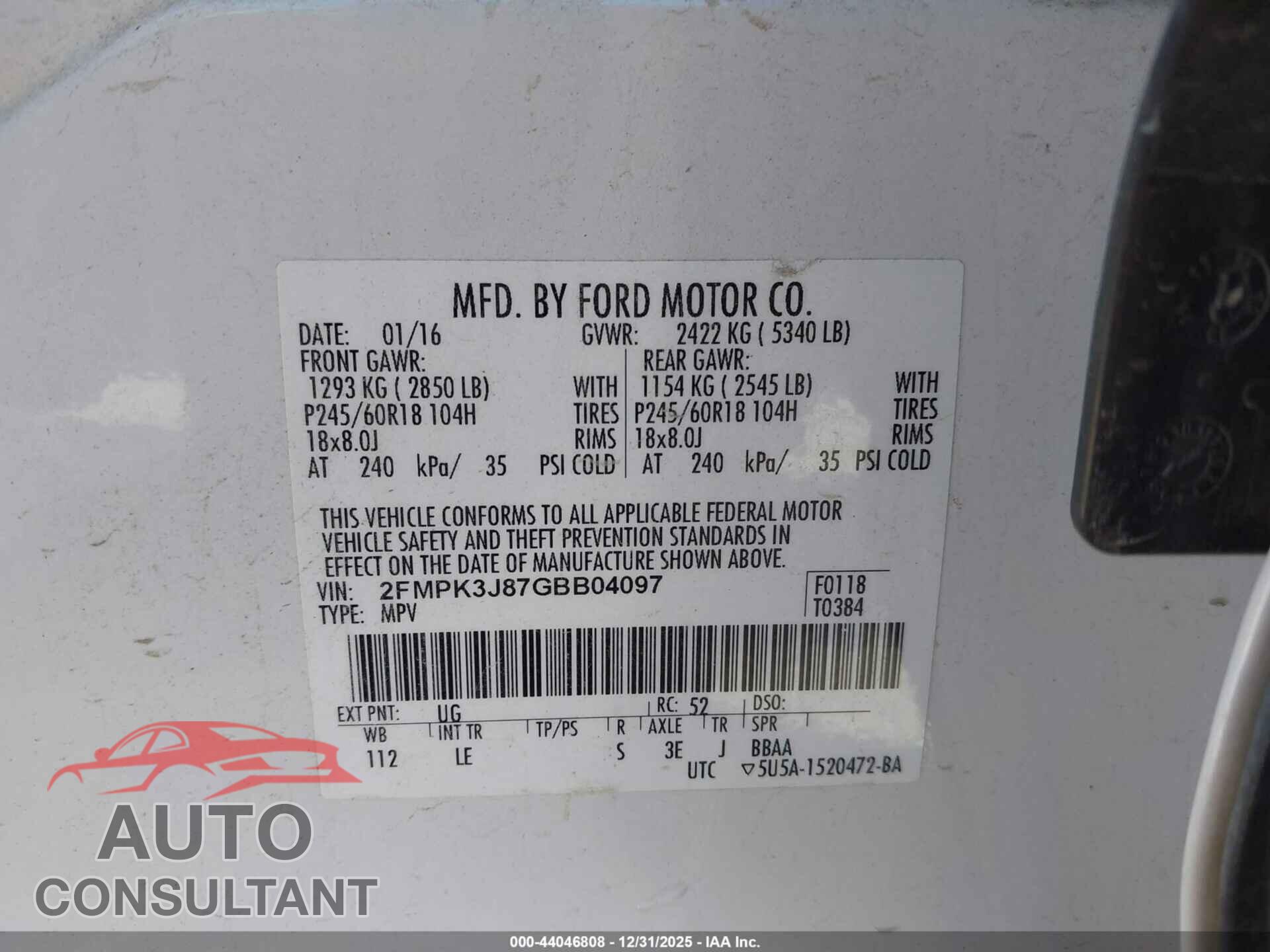 FORD EDGE 2016 - 2FMPK3J87GBB04097
