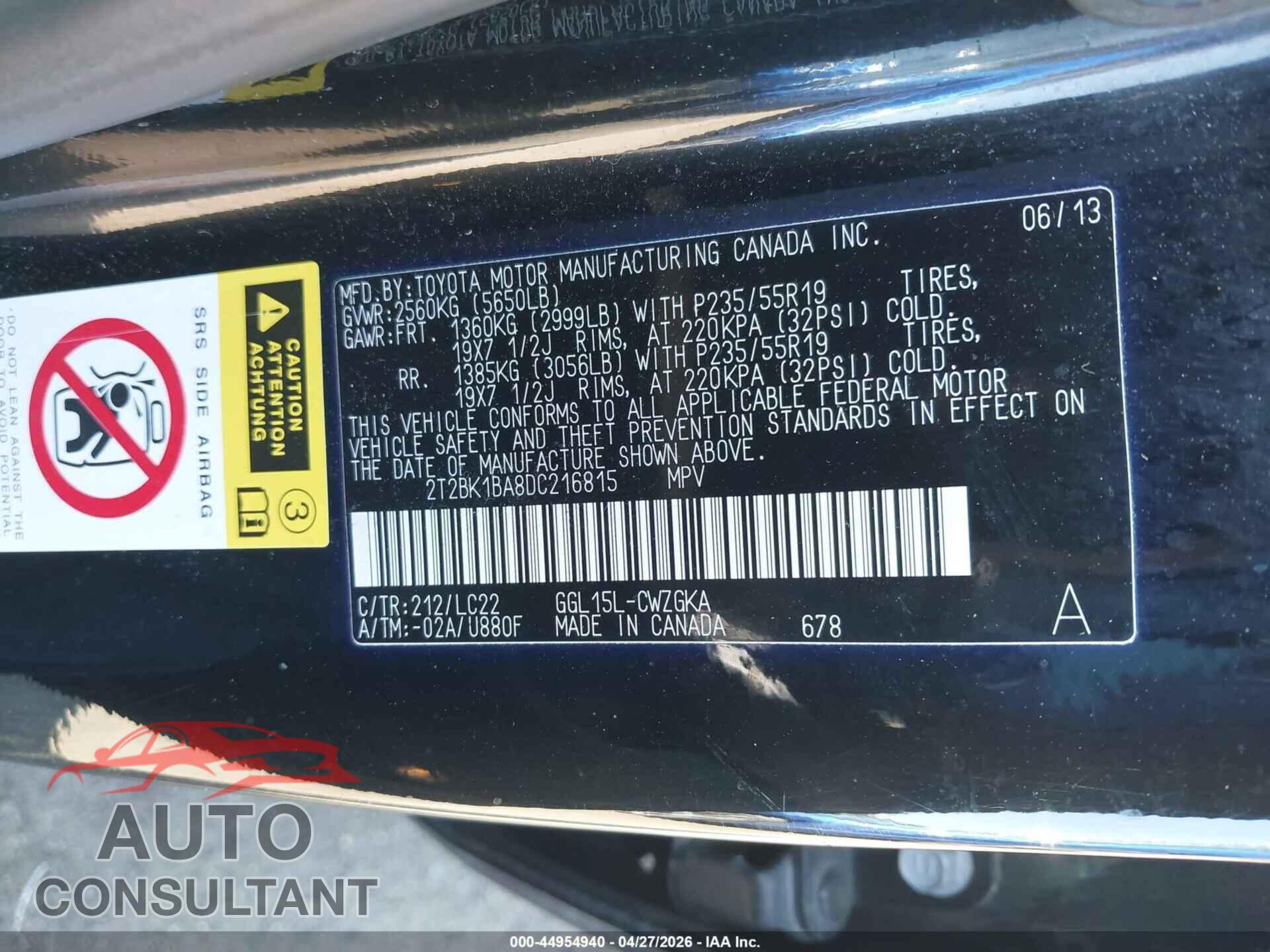 LEXUS RX 350 2013 - 2T2BK1BA8DC216815