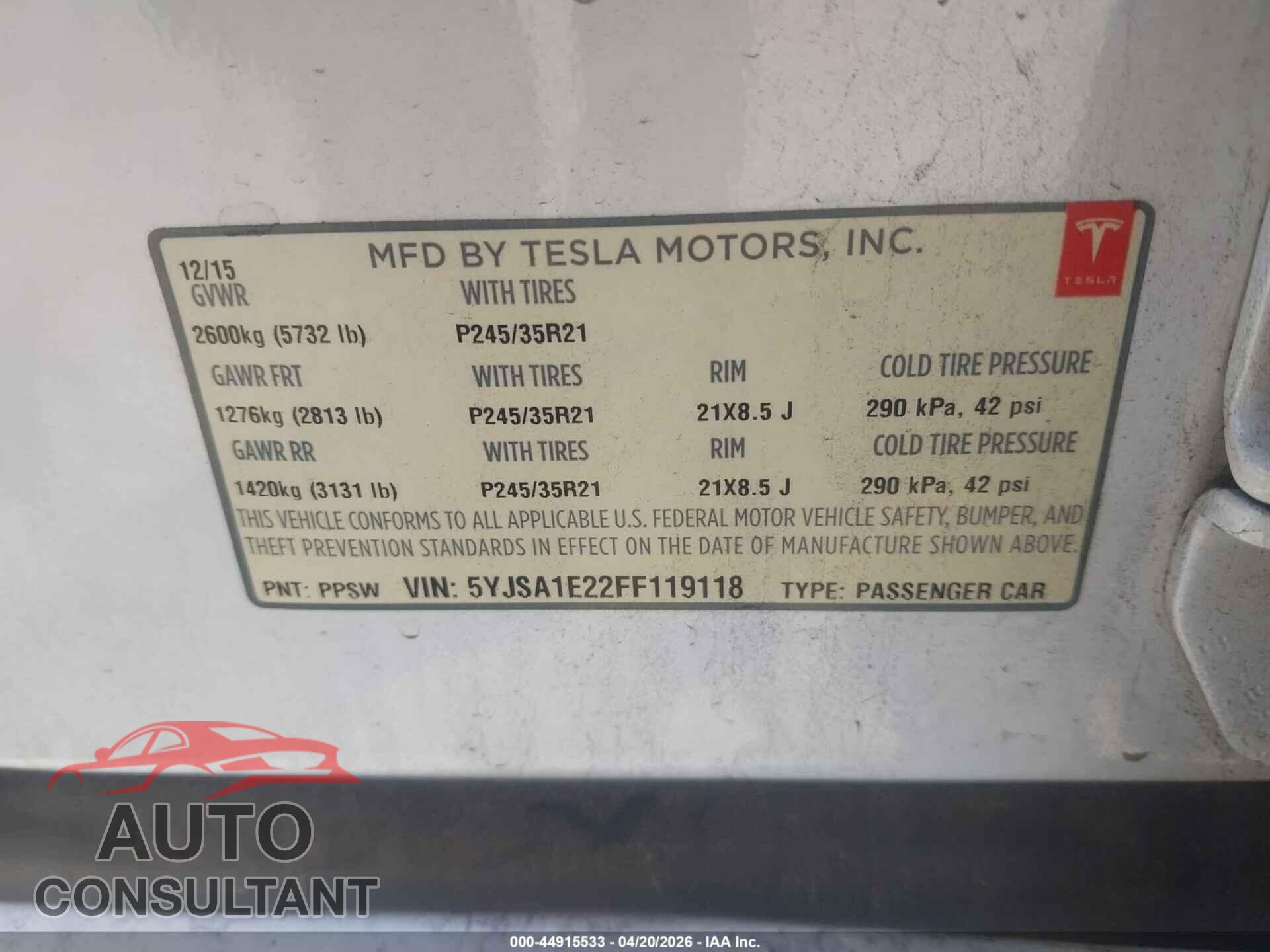 TESLA MODEL S 2015 - 5YJSA1E22FF119118