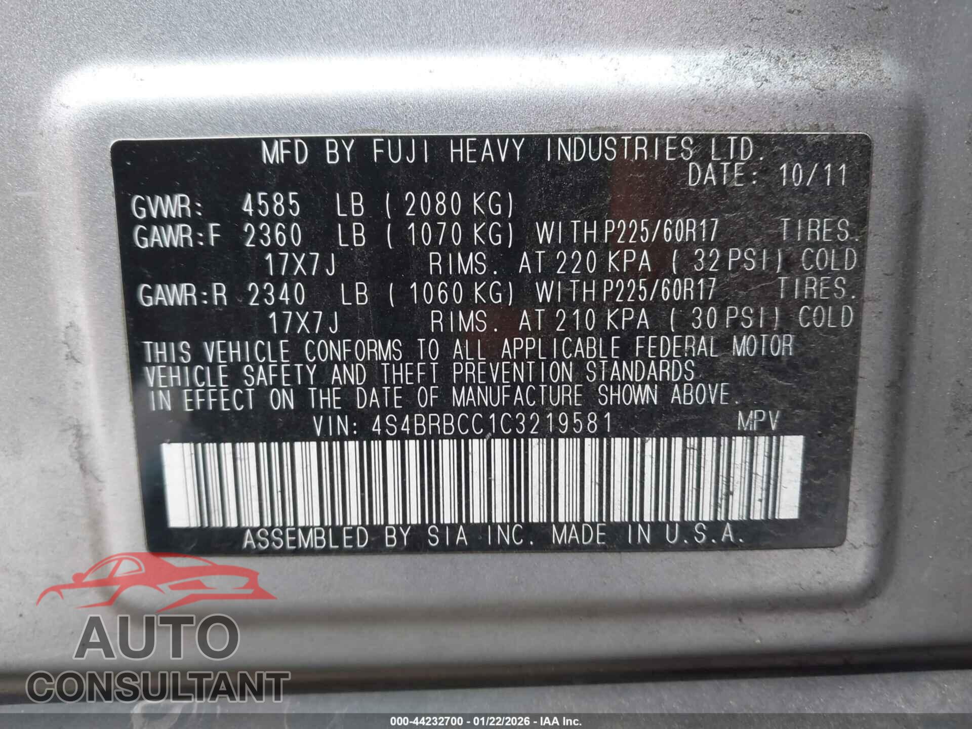 SUBARU OUTBACK 2012 - 4S4BRBCC1C3219581