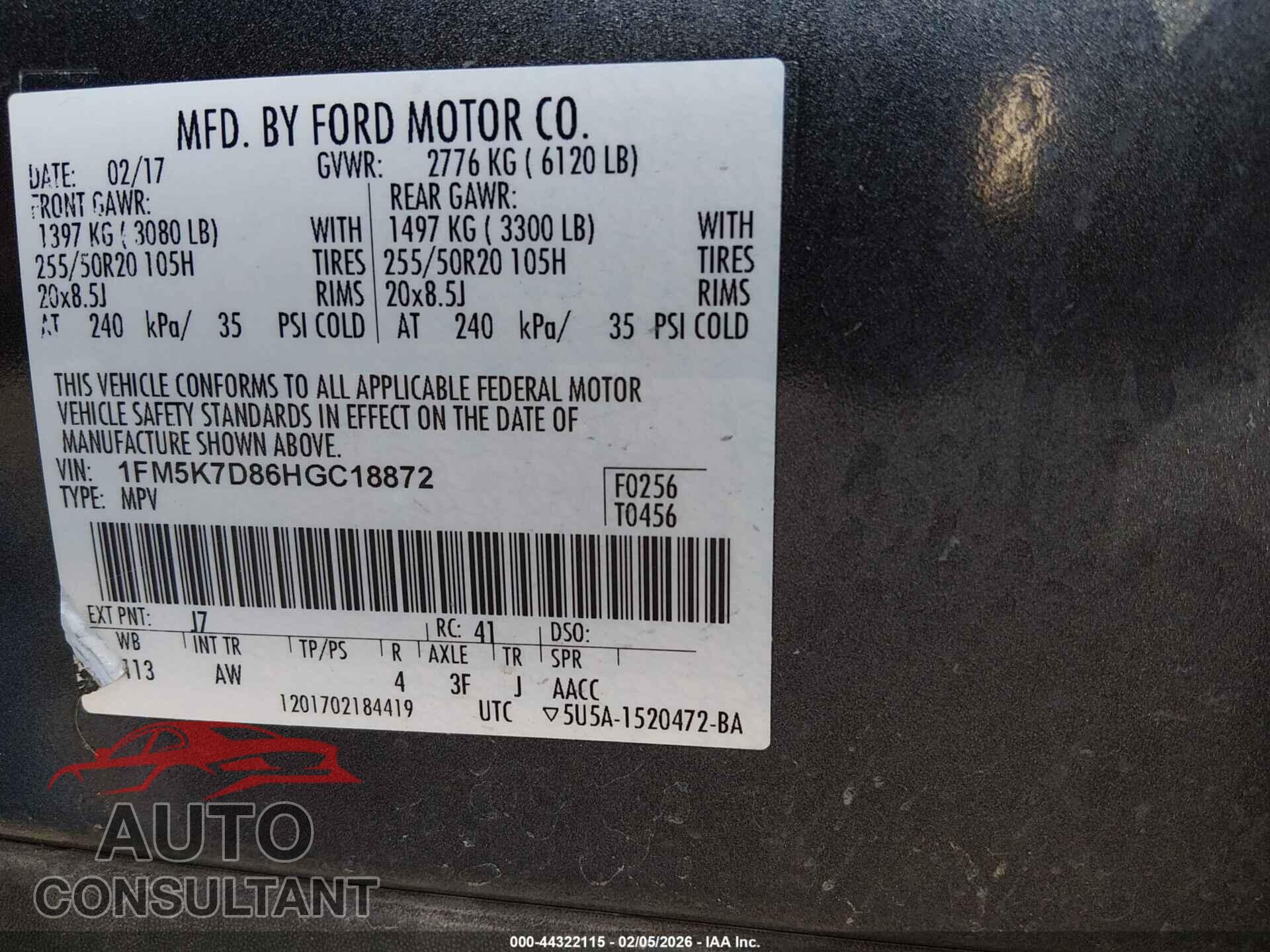 FORD EXPLORER 2017 - 1FM5K7D86HGC18872