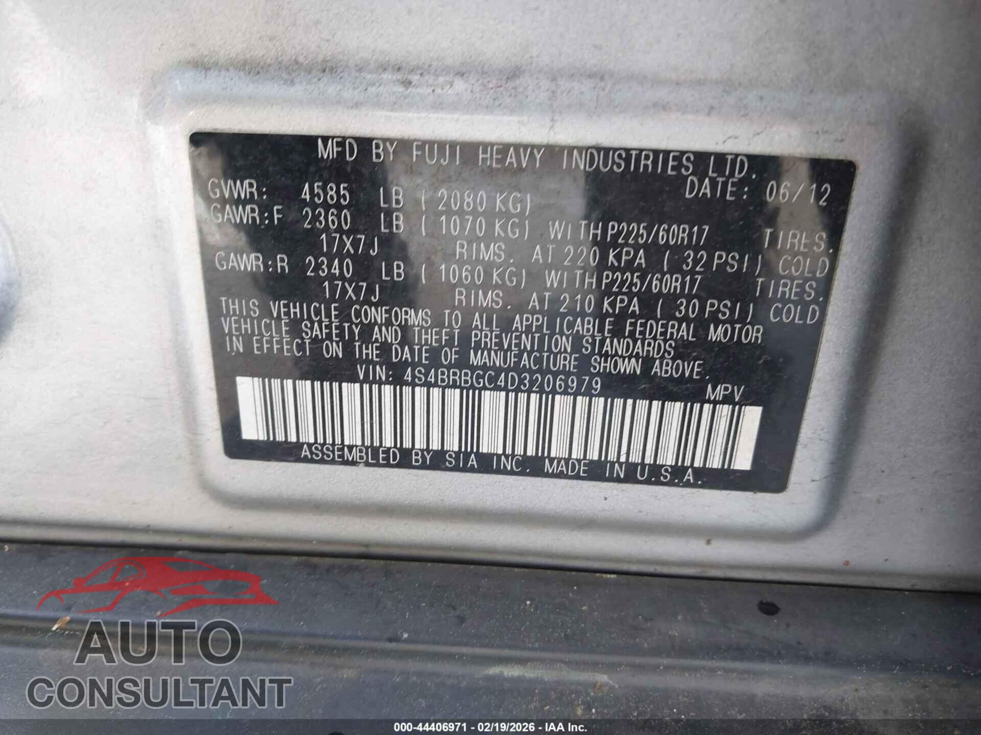 SUBARU OUTBACK 2013 - 4S4BRBGC4D3206979