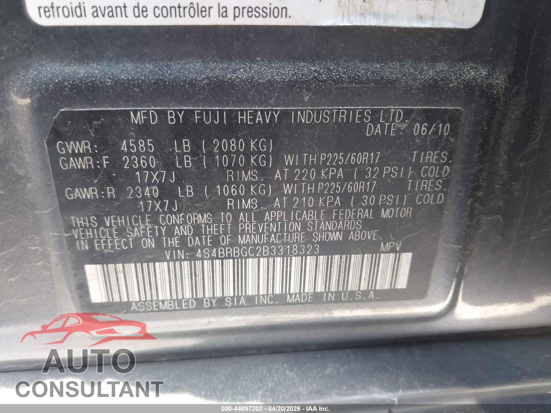SUBARU OUTBACK 2011 - 4S4BRBGC2B3318323