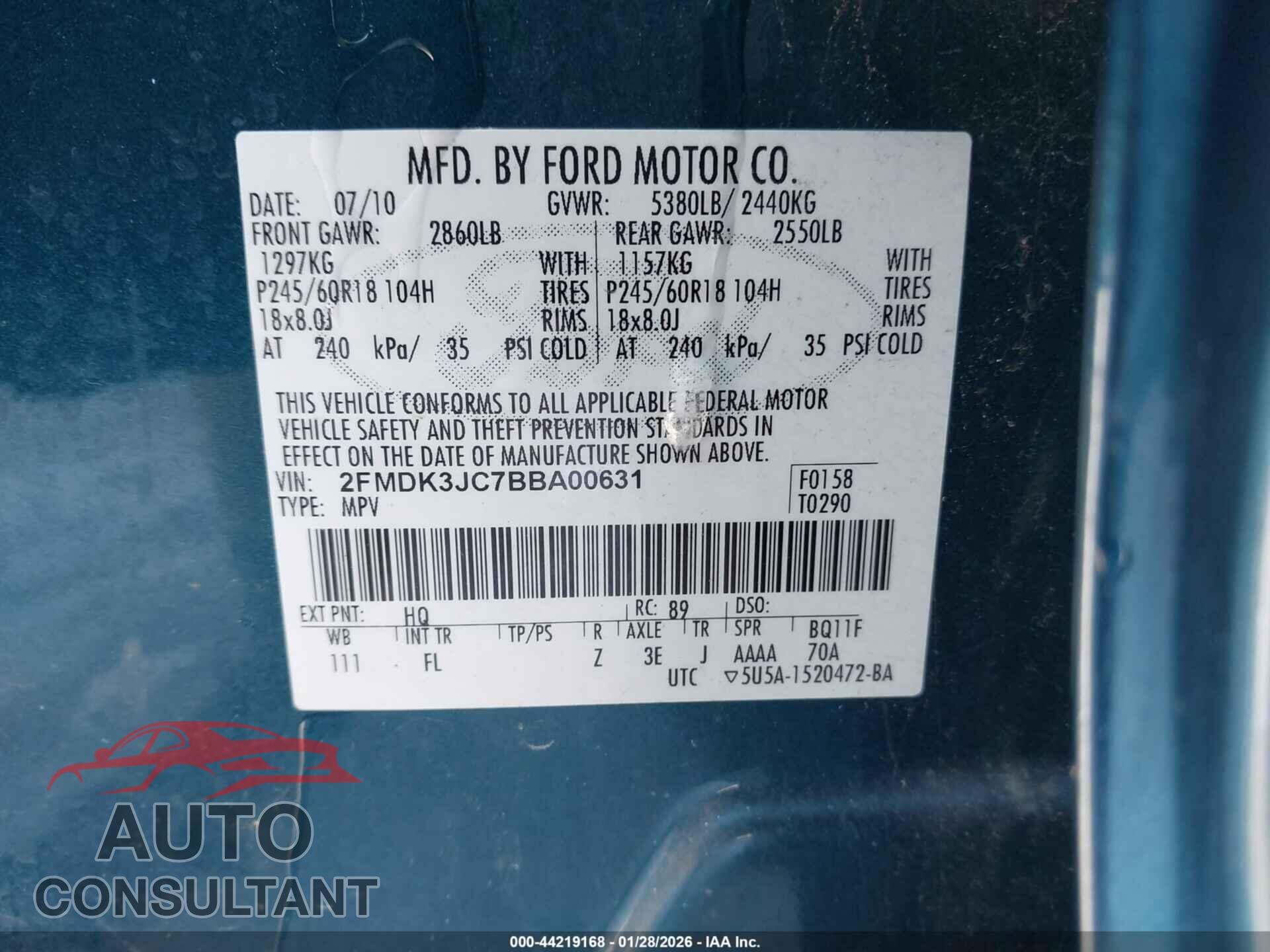 FORD EDGE 2011 - 2FMDK3JC7BBA00631