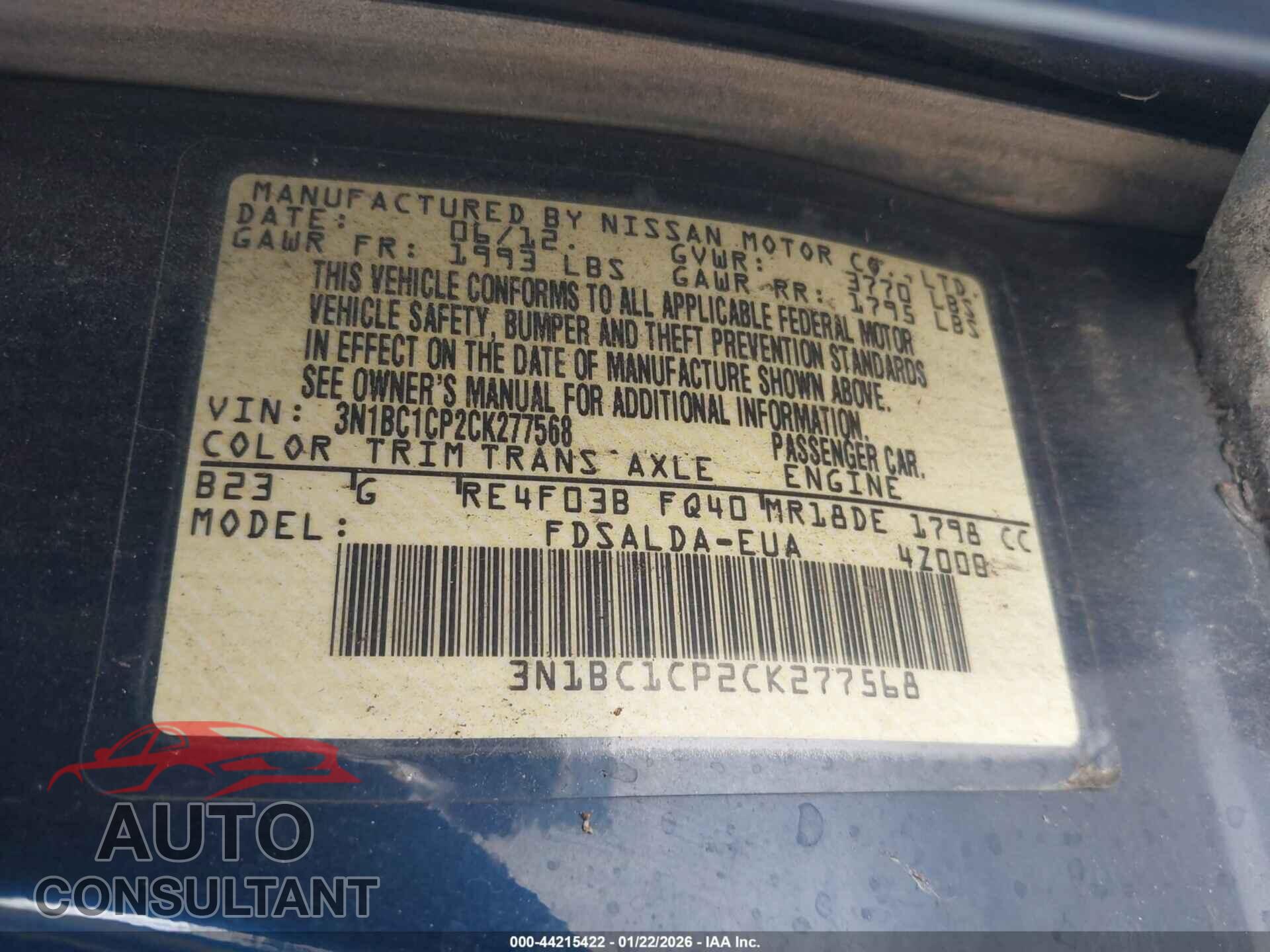 NISSAN VERSA 2012 - 3N1BC1CP2CK277568