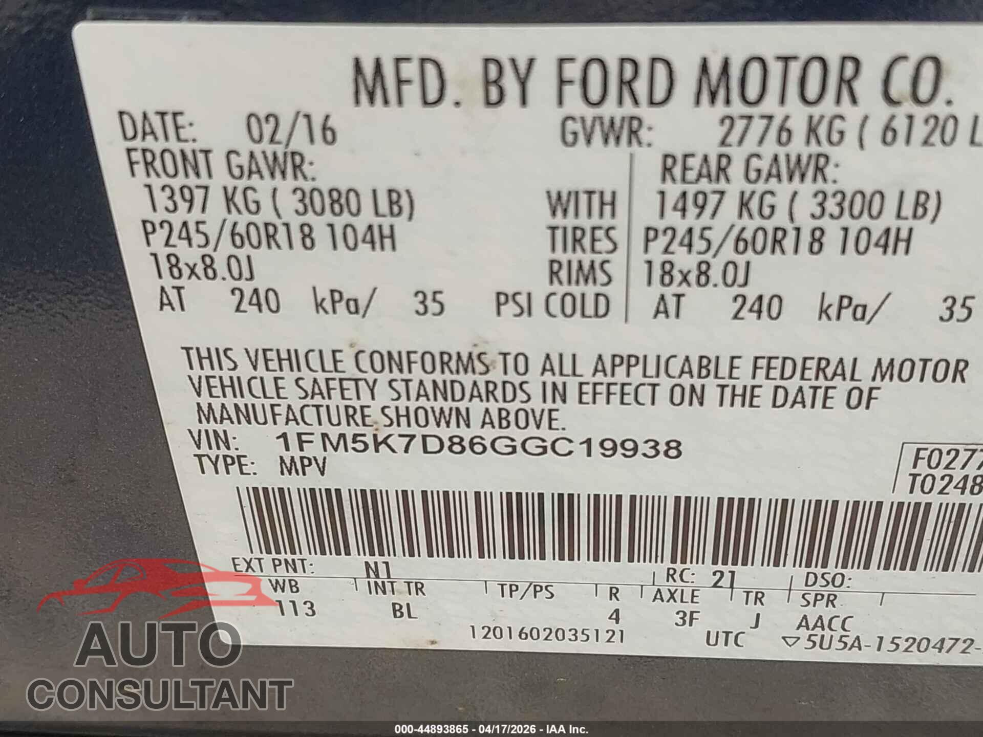 FORD EXPLORER 2016 - 1FM5K7D86GGC19938