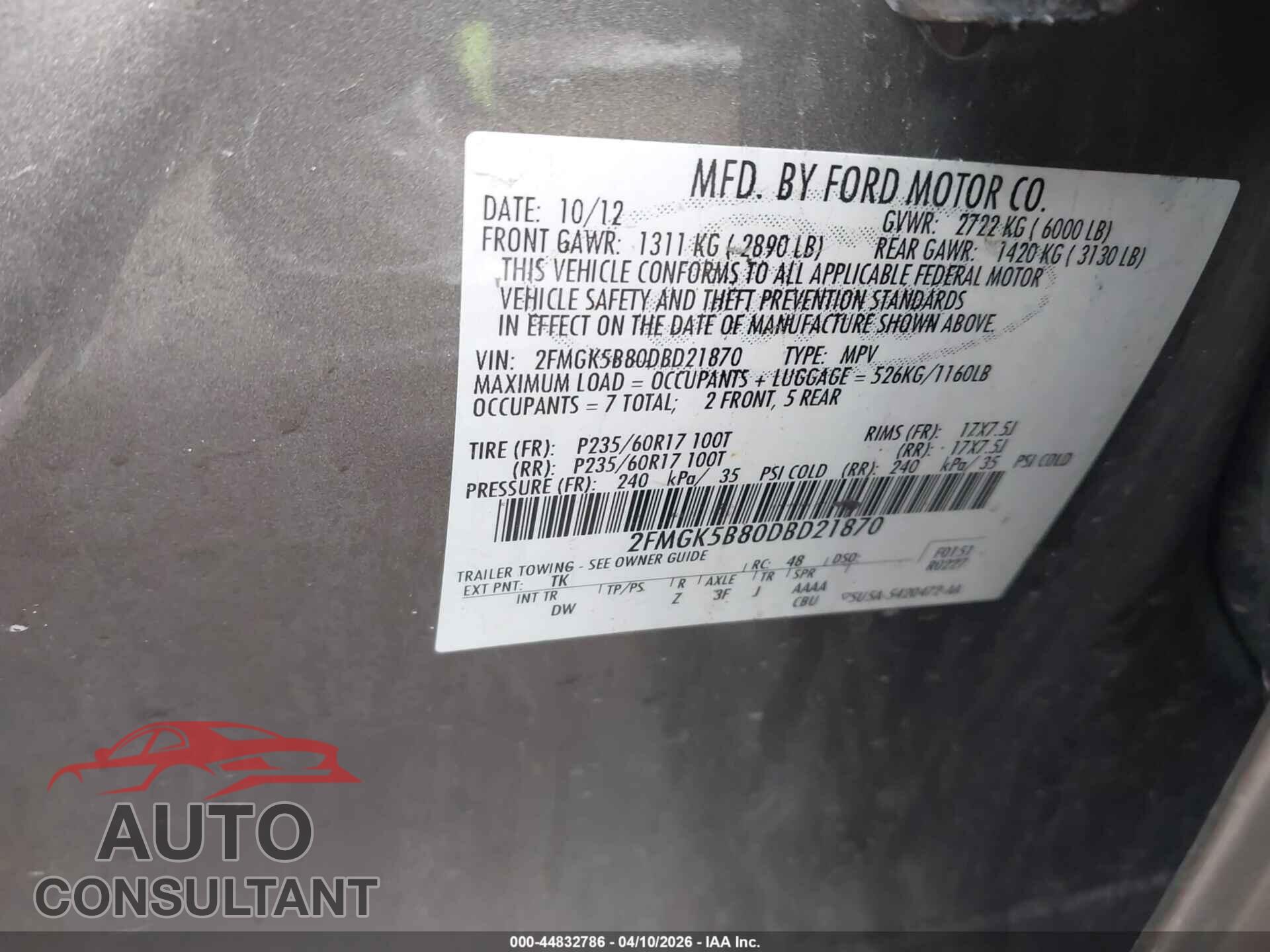 FORD FLEX 2013 - 2FMGK5B80DBD21870