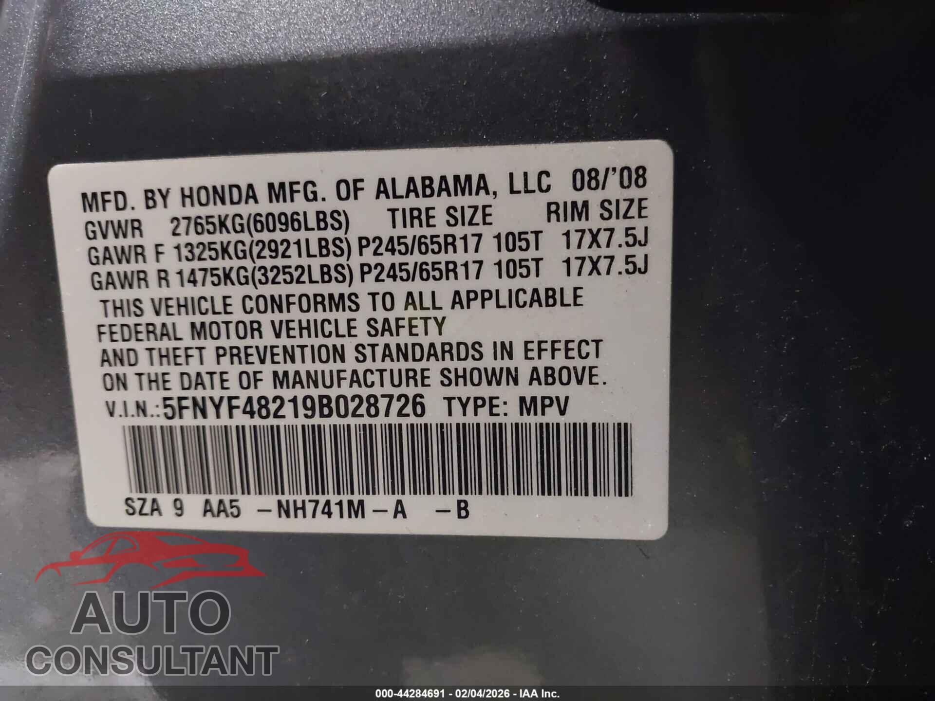 HONDA PILOT 2009 - 5FNYF48219B028726