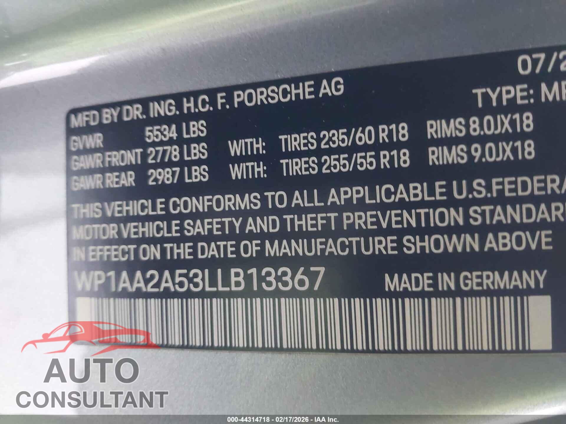 PORSCHE MACAN 2020 - WP1AA2A53LLB13367