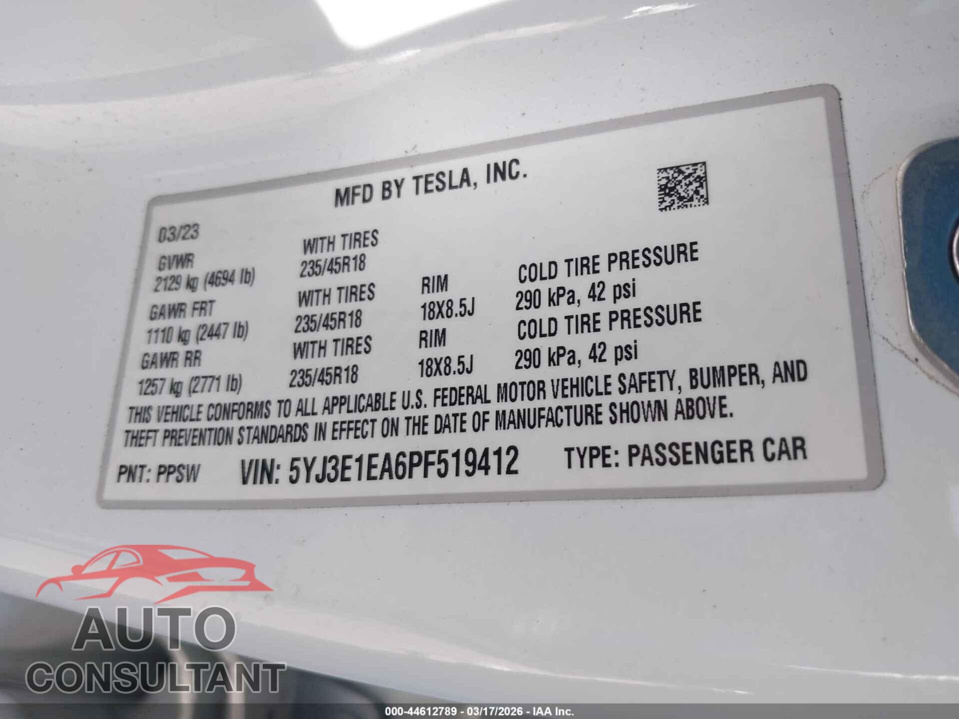 TESLA MODEL 3 2023 - 5YJ3E1EA6PF519412