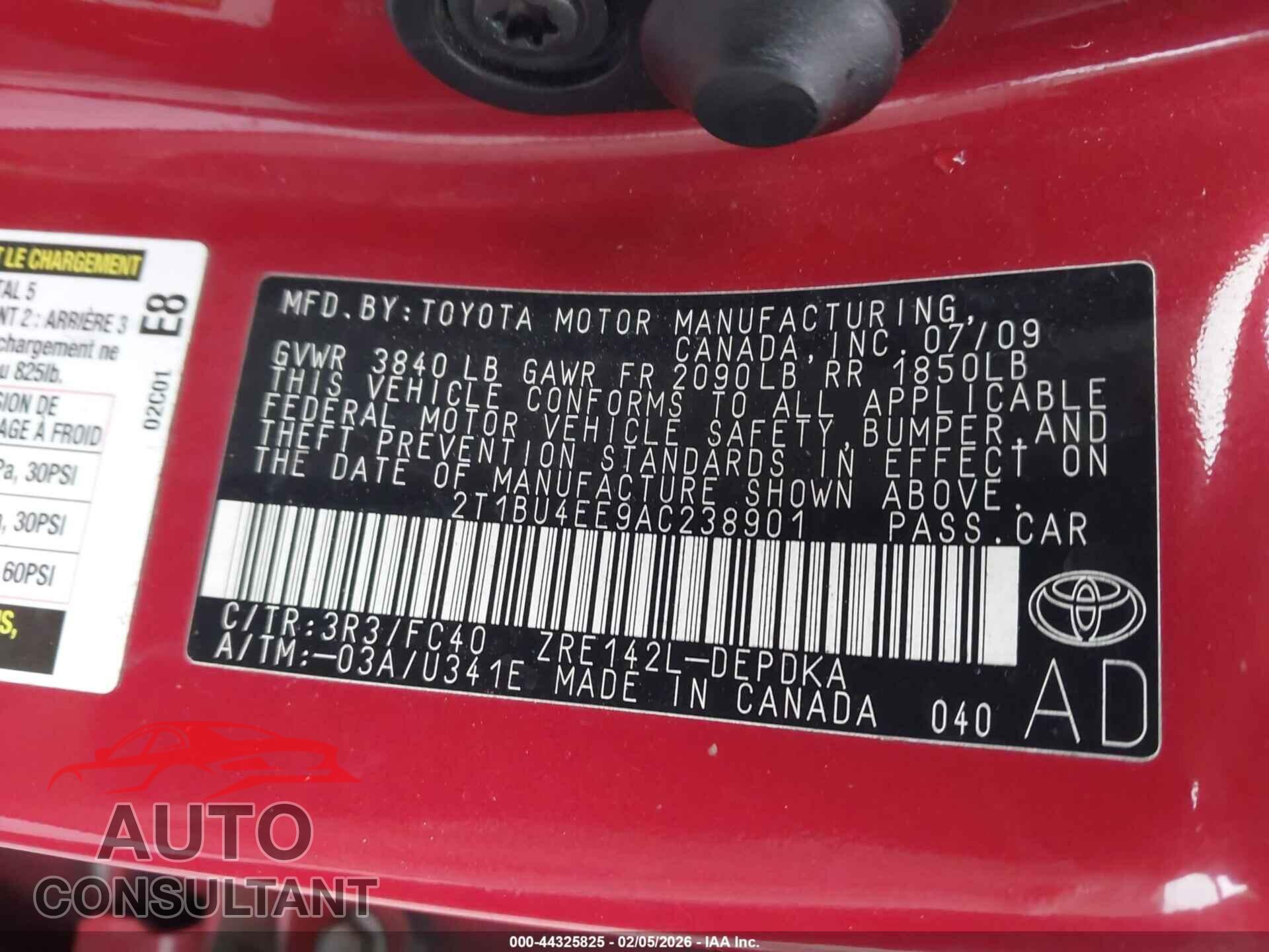 TOYOTA COROLLA 2010 - 2T1BU4EE9AC238901