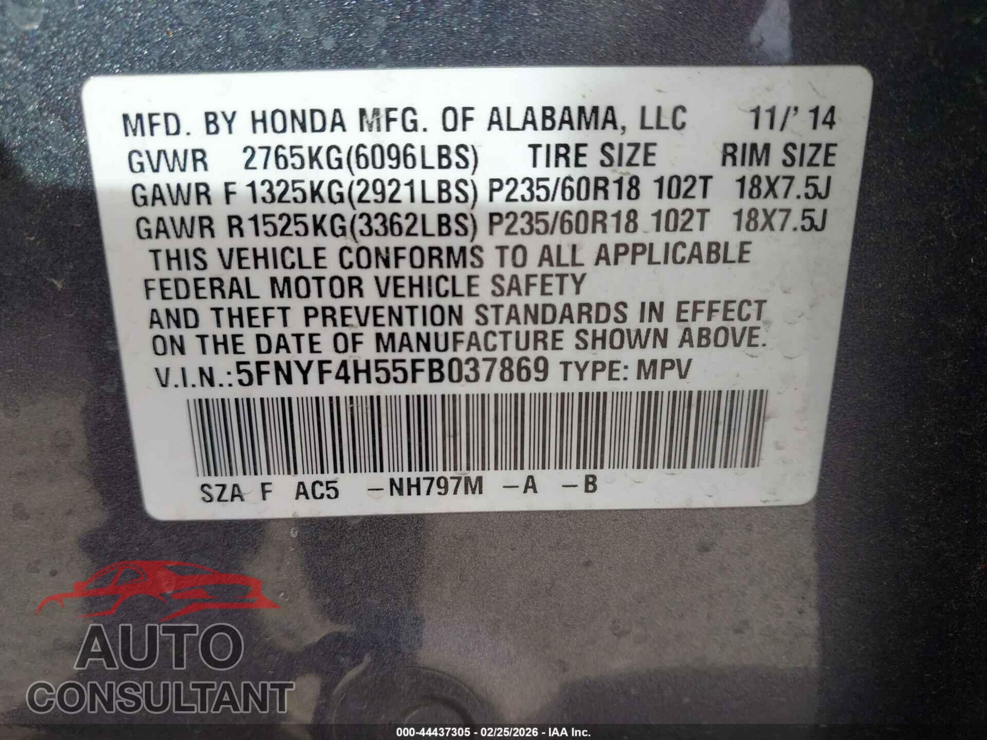 HONDA PILOT 2015 - 5FNYF4H55FB037869