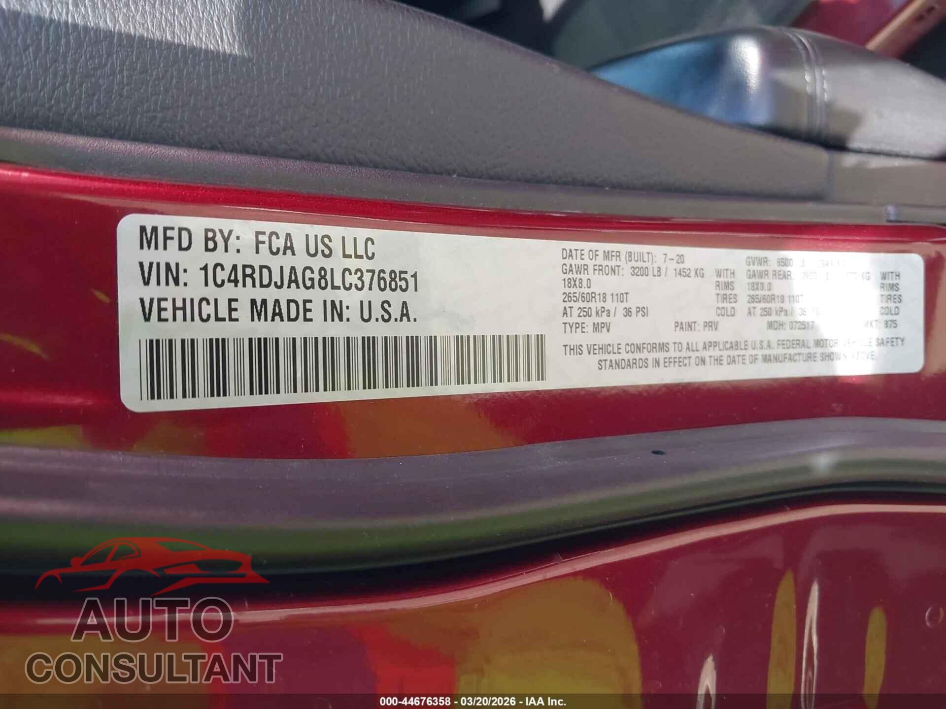 DODGE DURANGO 2020 - 1C4RDJAG8LC376851