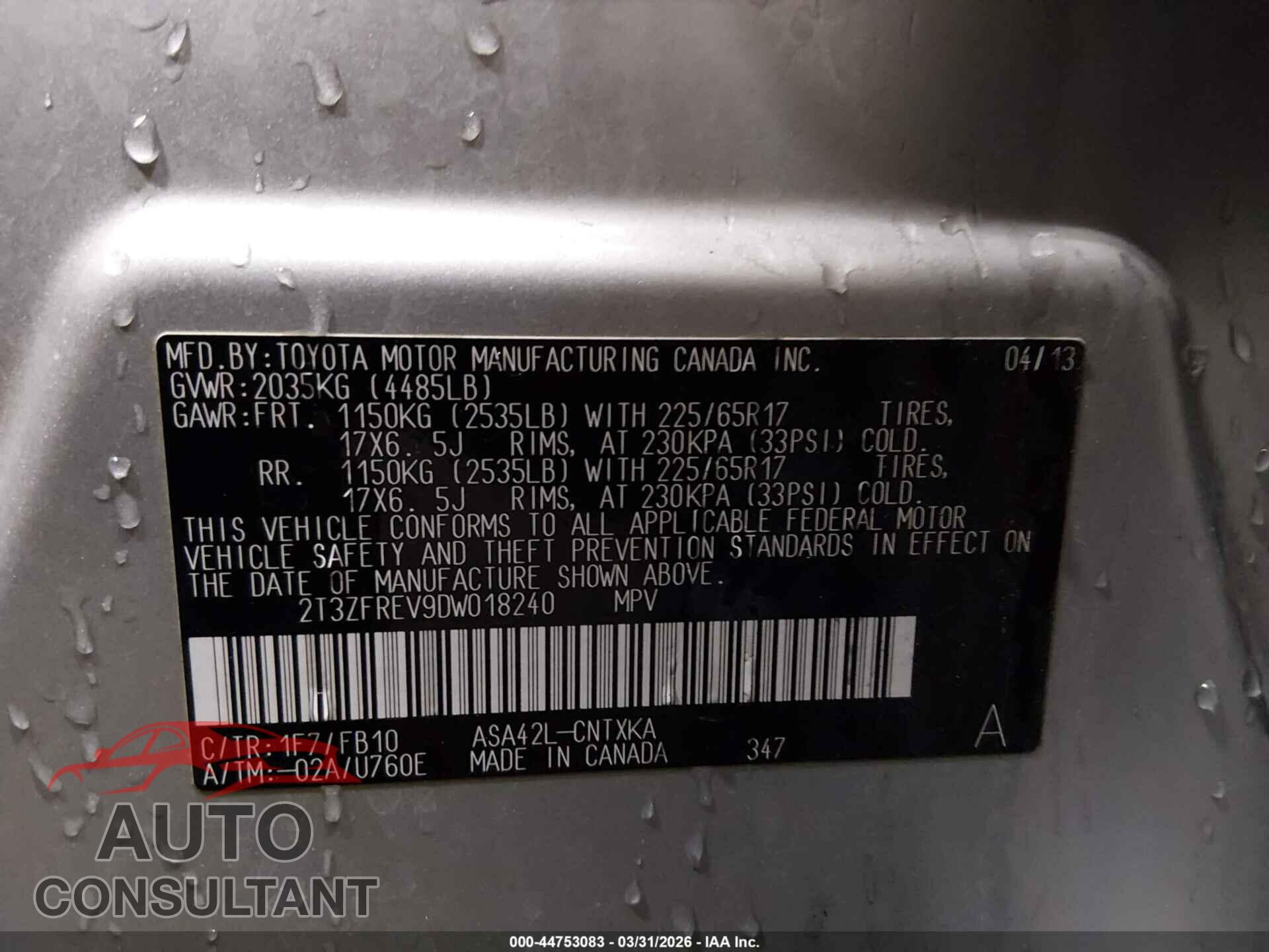 TOYOTA RAV4 2013 - 2T3ZFREV9DW018240